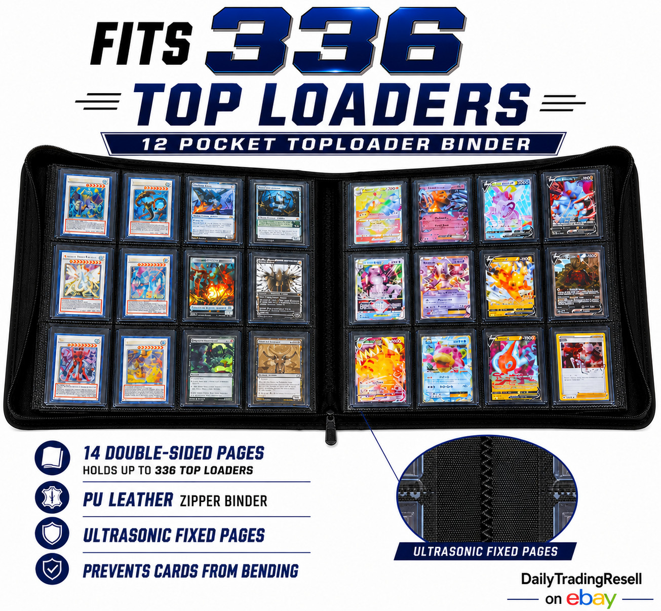 Toploader Binder 12 Pocket Zipper Card Album Holds 336 Top Loaders Side Load