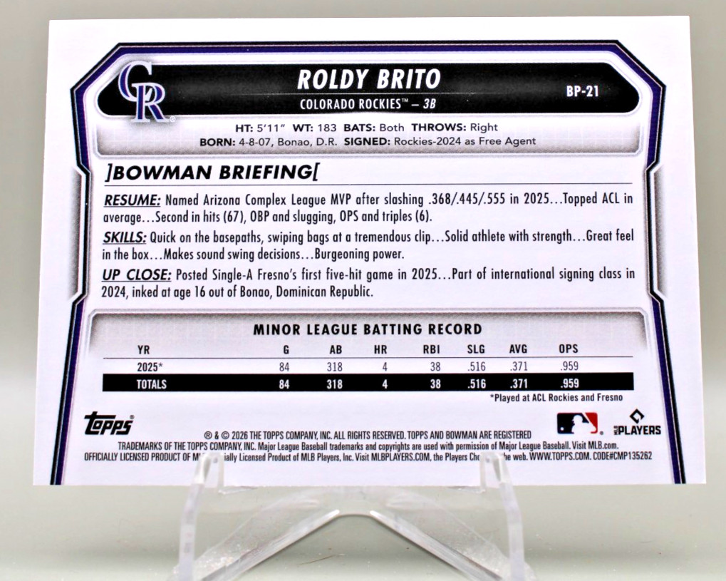 2026 Bowman Prospects Roldy Brito #BP-21 Rockies