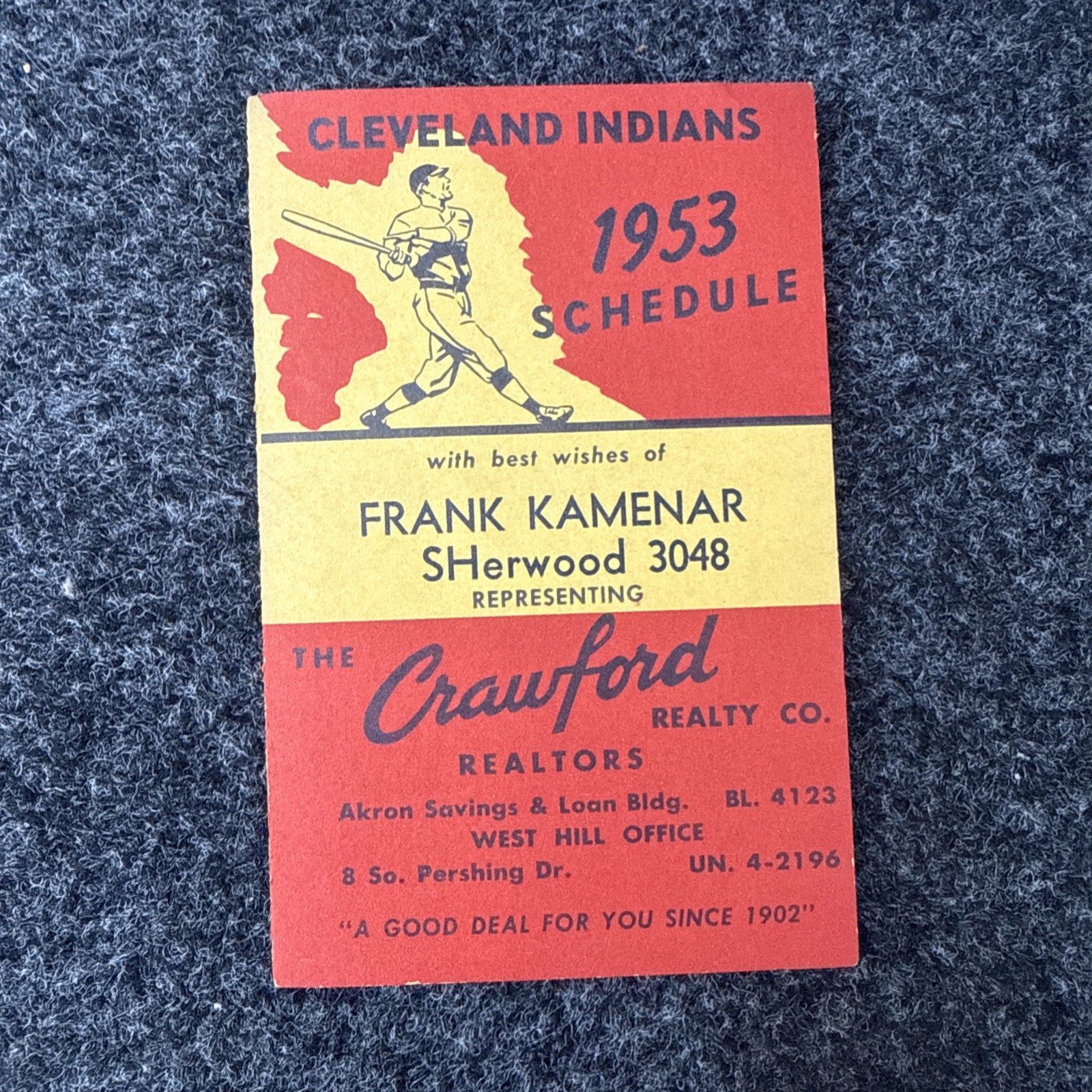 1953 Cleveland Indians baseball pocket schedule Crawford Realty Co. ad.