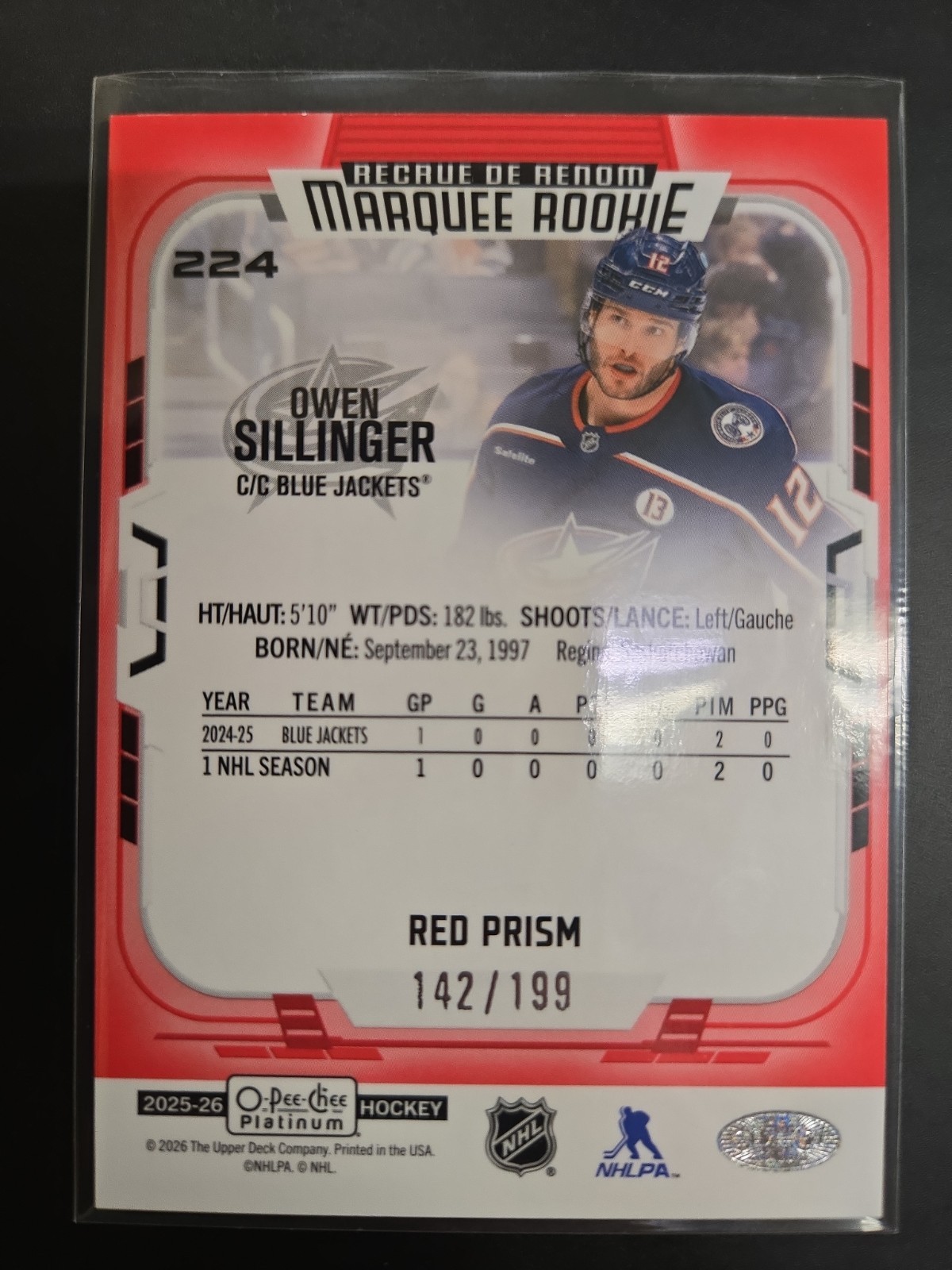 2025 O-Pee-Chee Platinum Owen Sillinger #224 Red Prism /199 RC Marquee Rookie
