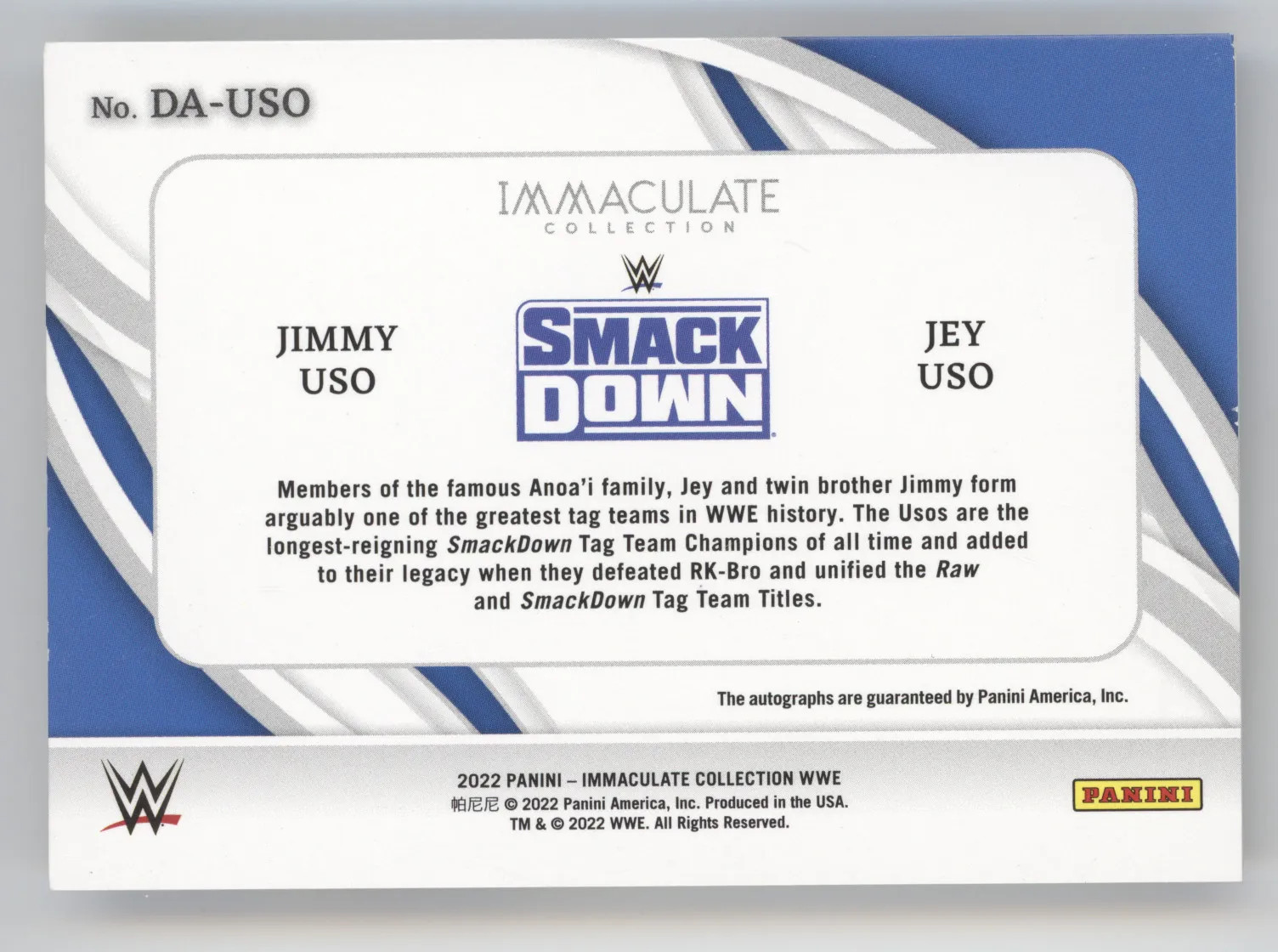2022 Panini Immaculate Collection WWE Dual Auto Jimmy Uso Jey Uso #DA-USO 14/25