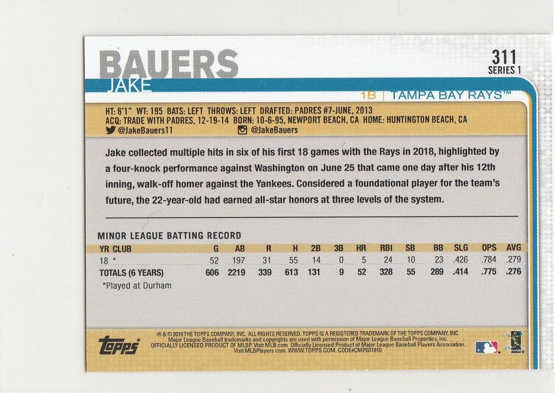 2019 Topps Baseball On-Demand Mini Pink Parallel #08/25 JAKE BAUERS RC #311 Rays