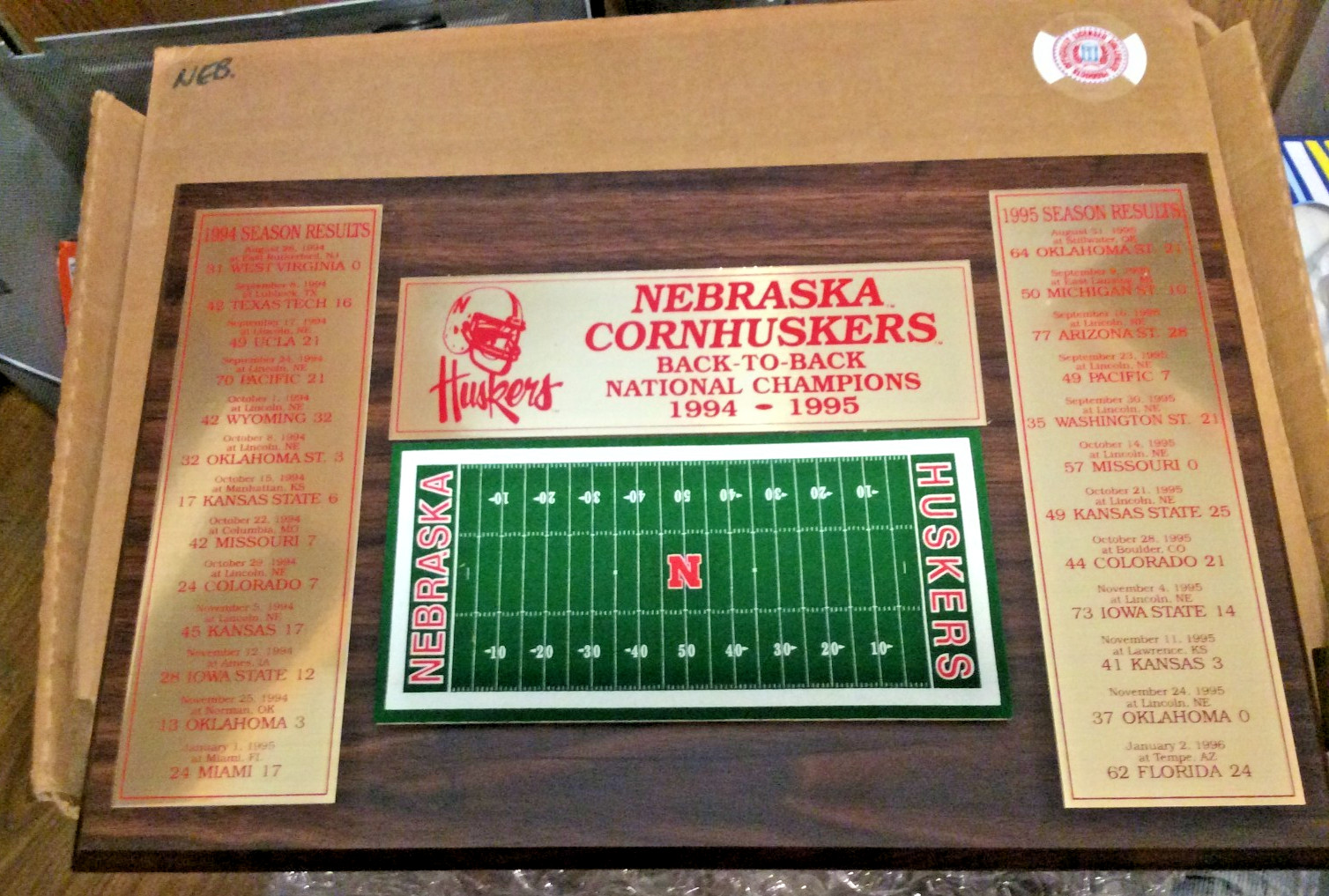 NEBRASKA CORNHUSKERS BACK TO BACK NATIONAL CHAMPIONS 1994=1995 PLAQUE $129..99