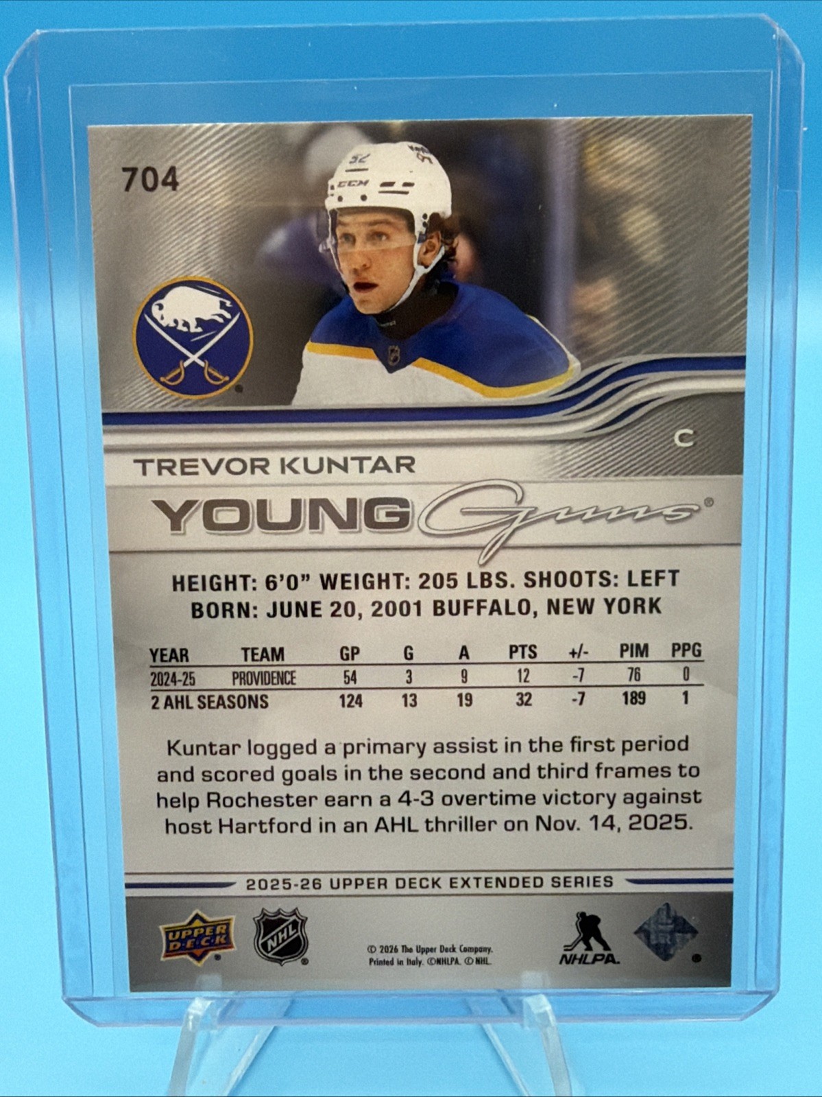 2025-26 Upper Deck Extended Trevor Kuntar RC Young Guns #704 Buffalo Sabres