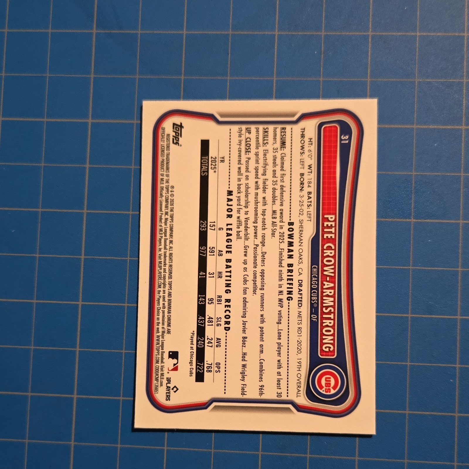 Pete Crow-Armstrong 2026 Bowman Mega Box Sky Blue Mojo Refractor /499 #31 Cubs