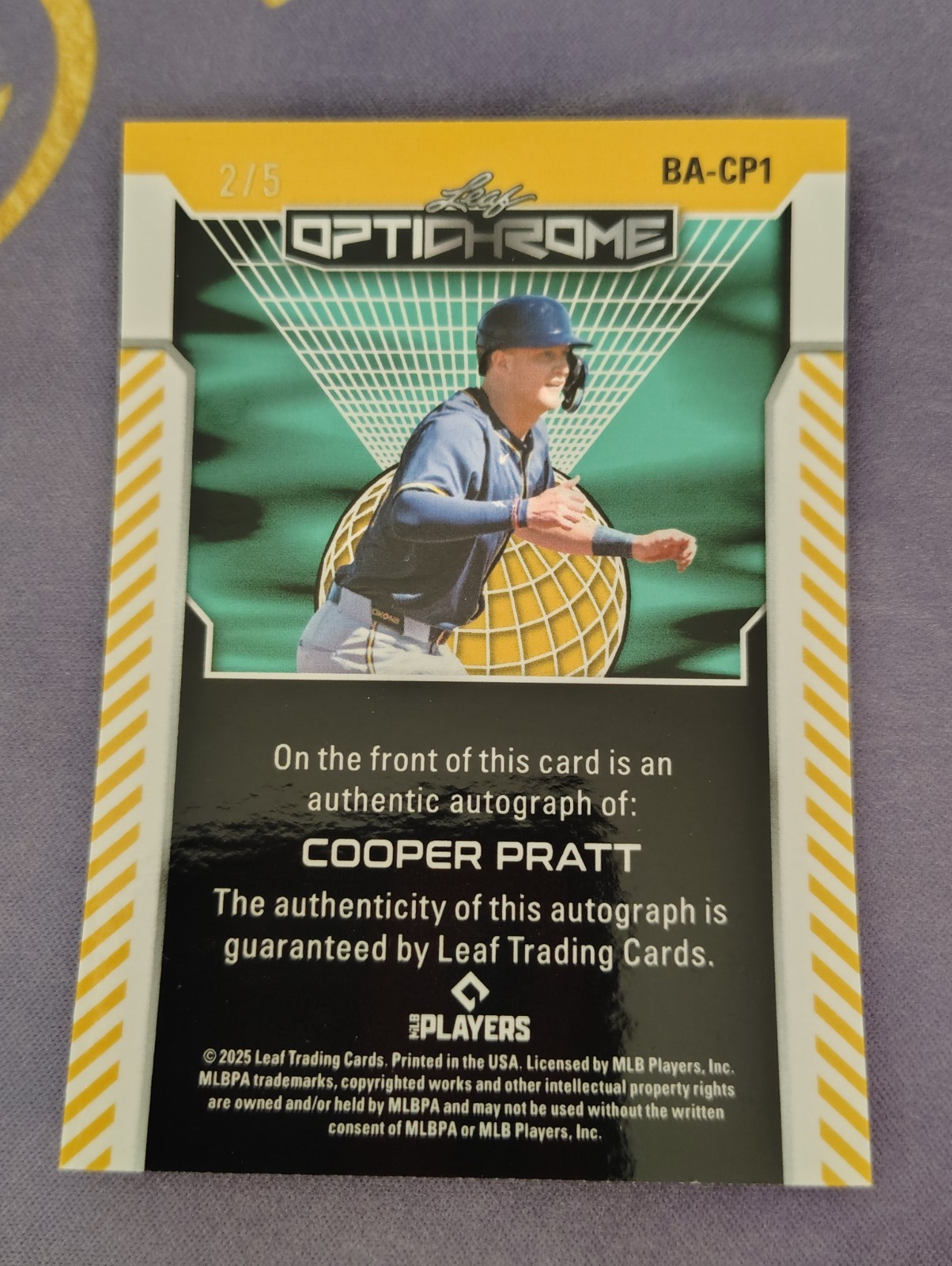 Cooper Pratt 2025 Leaf Optichrome Purple Ice /5 Auto SSP Brewers Autograph
