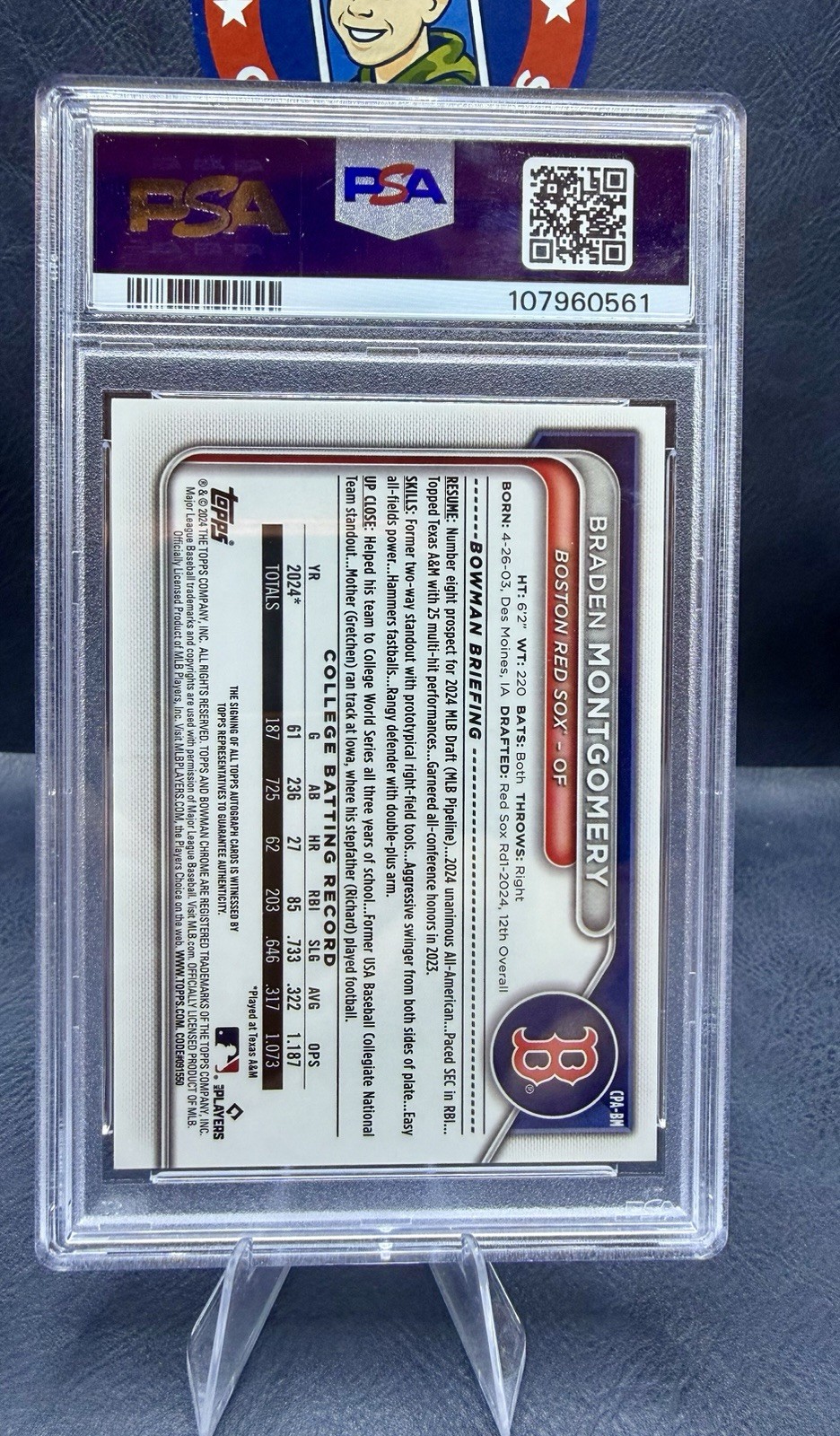 2024 Bowman Draft Braden Montgomery 1st Auto #CPA-BM HTA Choice Refractor /150
