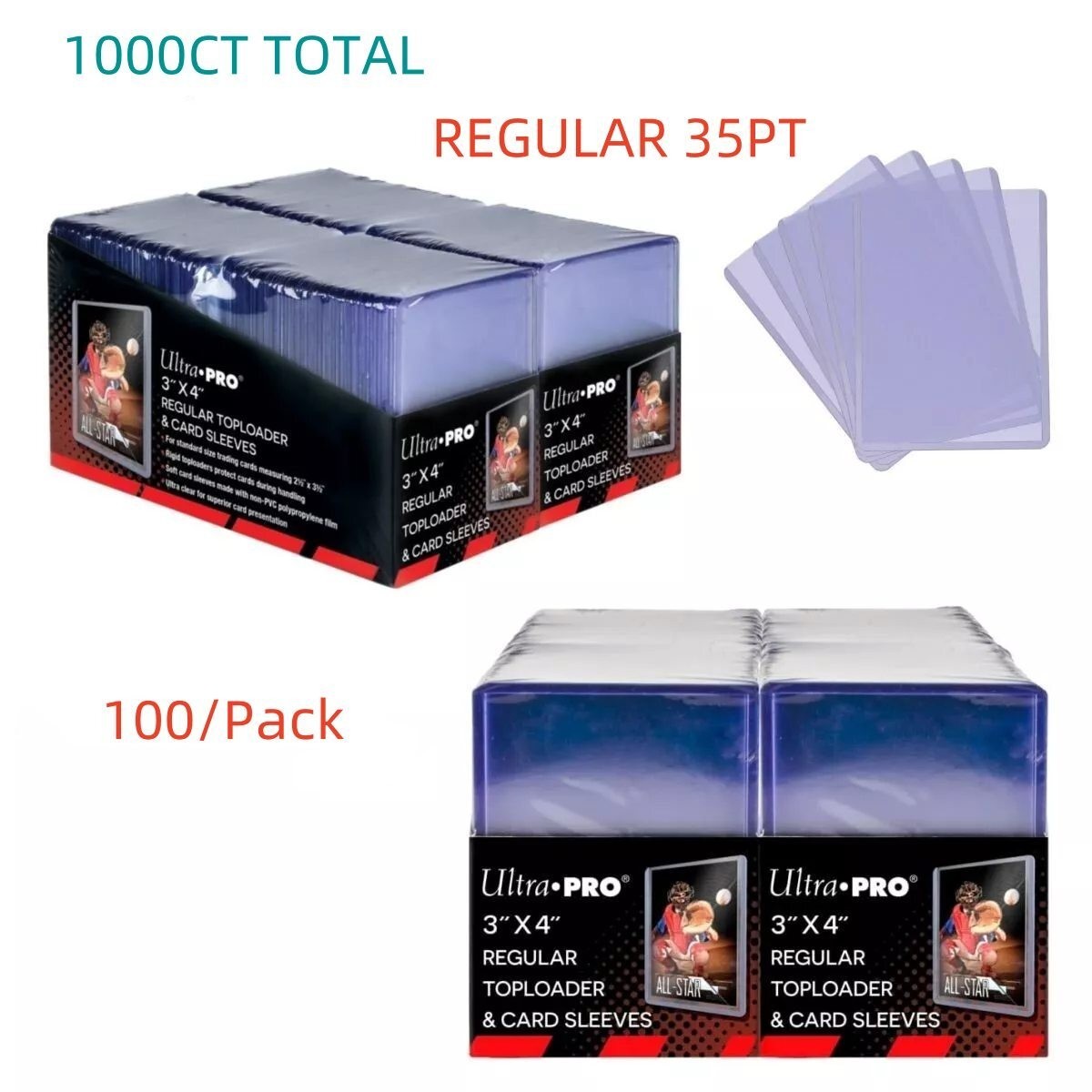 1000ct 3″ x 4″ Regular 35pt Toploader & 1000pcs Penny Sleeves – 10 * 100 Pack