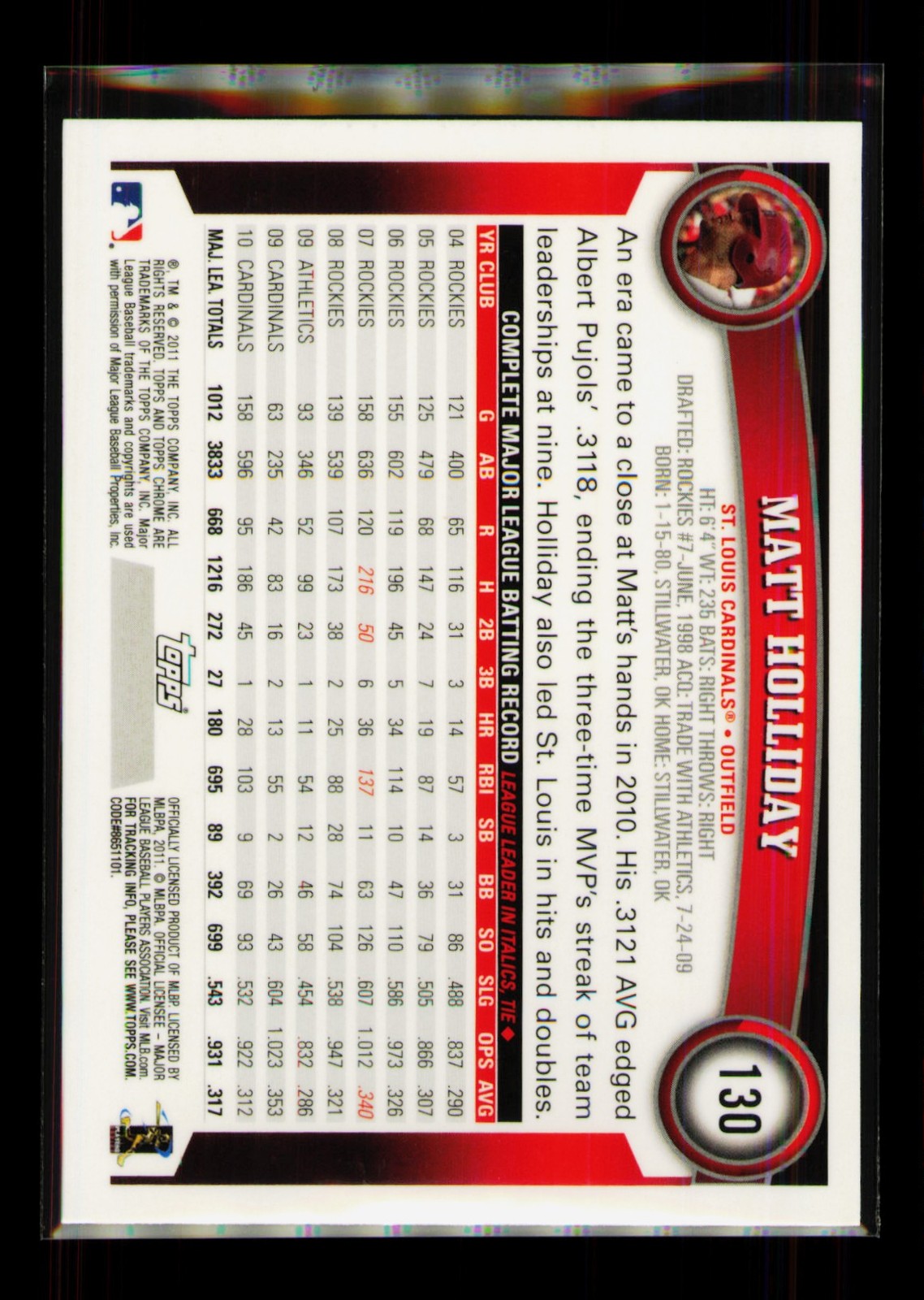 2011 Topps Chrome Refractor #130 Matt Holliday