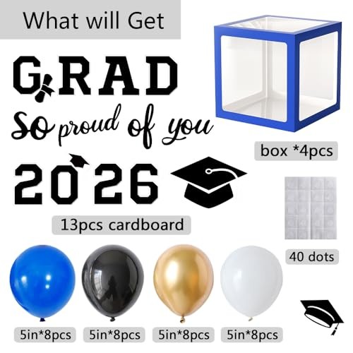 2026 Graduation Balloon Box, 4pcs Transparent Boxes with Letters “2026 Blue