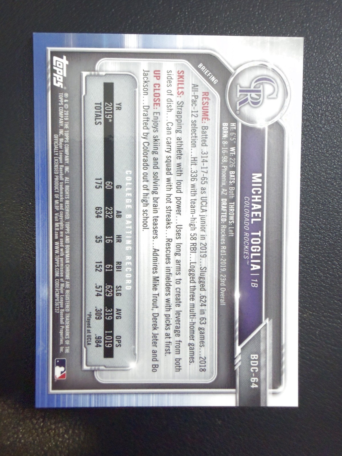 2019 Bowman Chrome Draft Michael Toglia 1st Bowman Asia Mojo Refractor #BDC-64