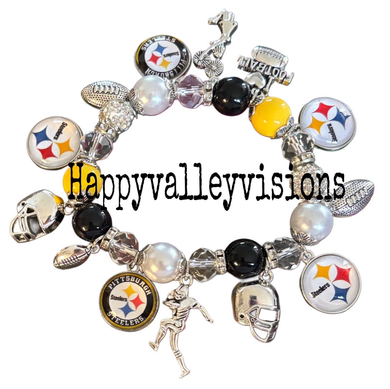 Women’s PITTSBURGH STEELERS Football Charm Bracelet Metal Glass Charms Stretchy