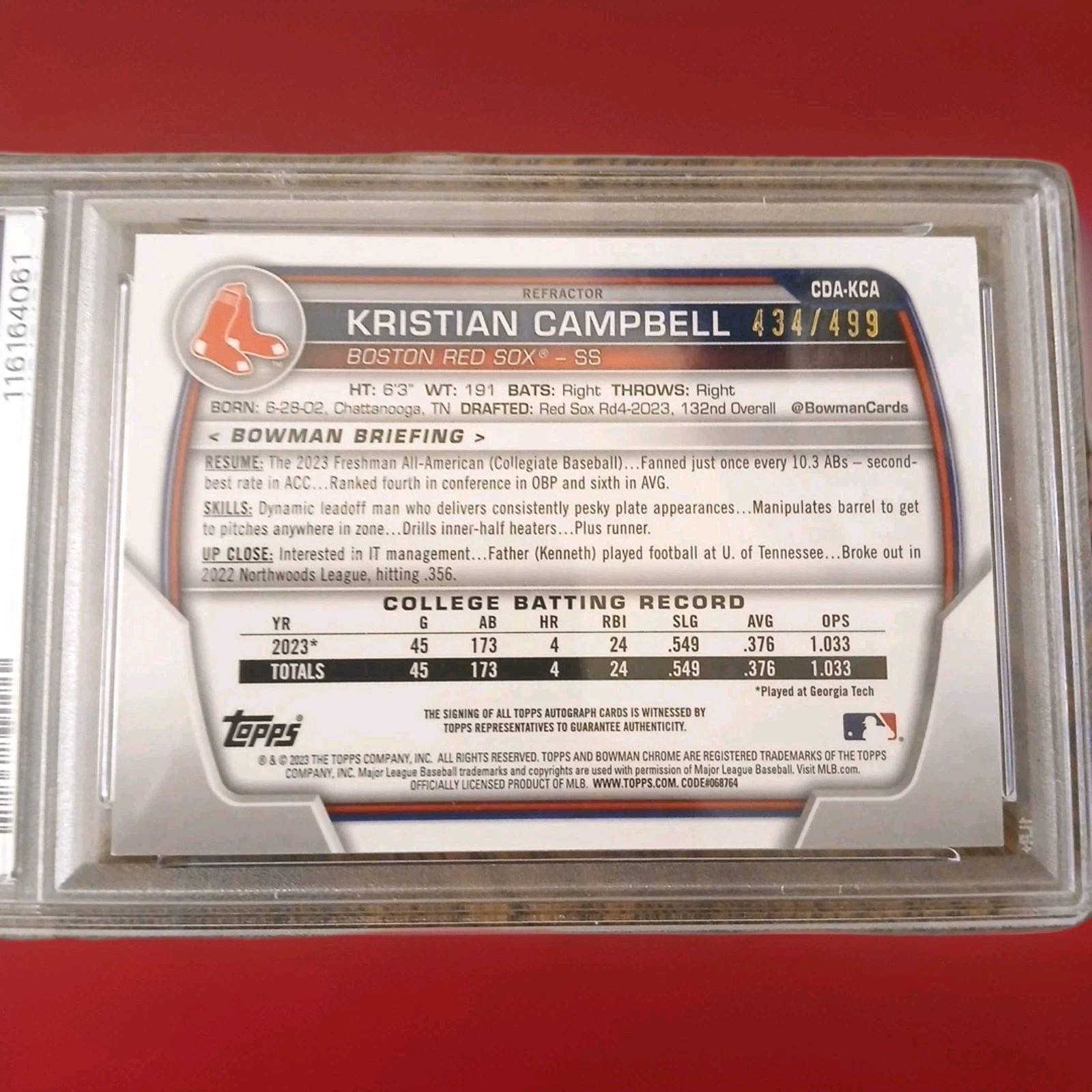 2023 1st Bowman Chrome Prospect Refractor Kristian Campbell AUTO 434/499 PSA9!