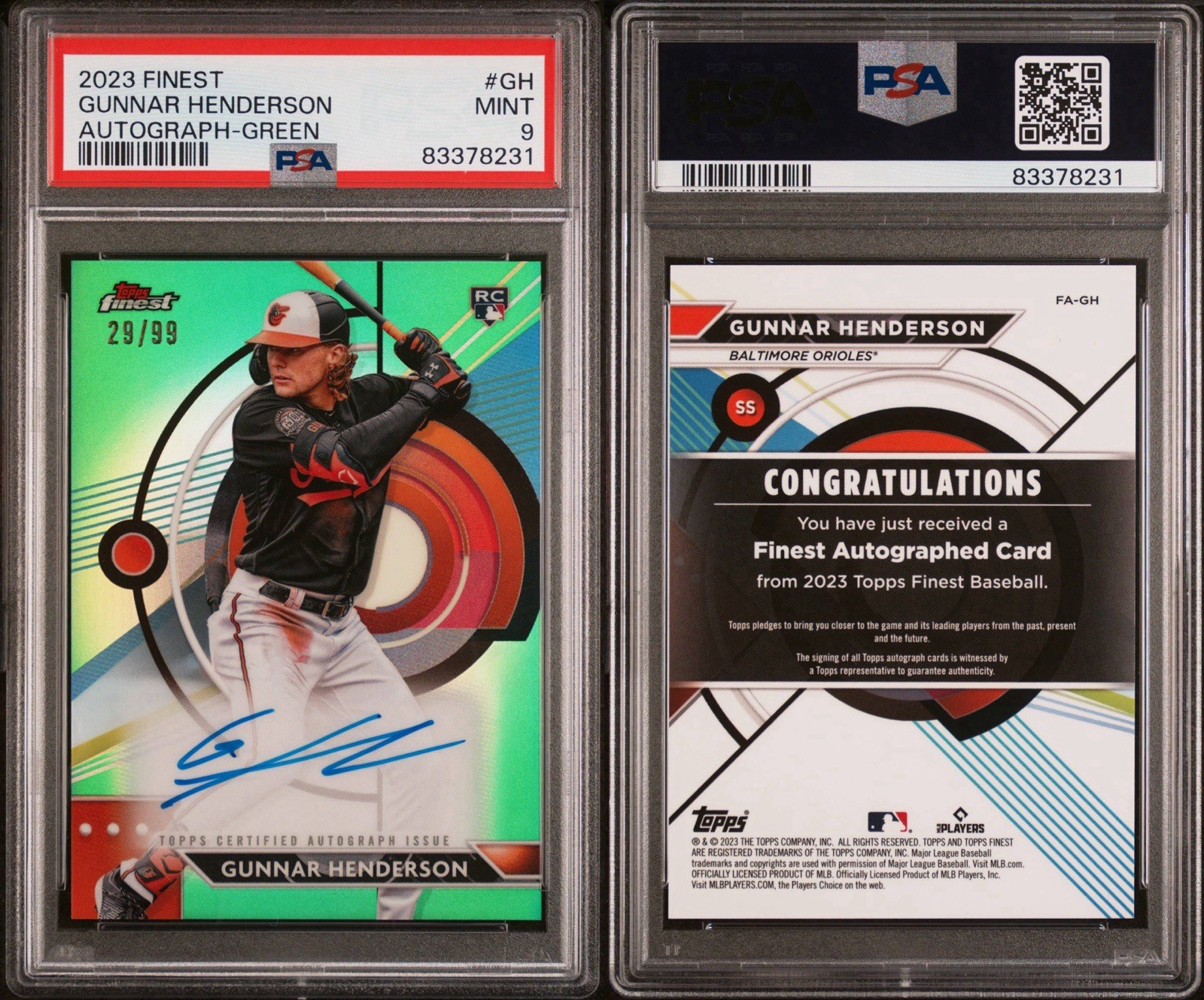 2023 Topps Finest Gunnar Henderson Green Refractor Rookie RC Autograph /99 PSA 9