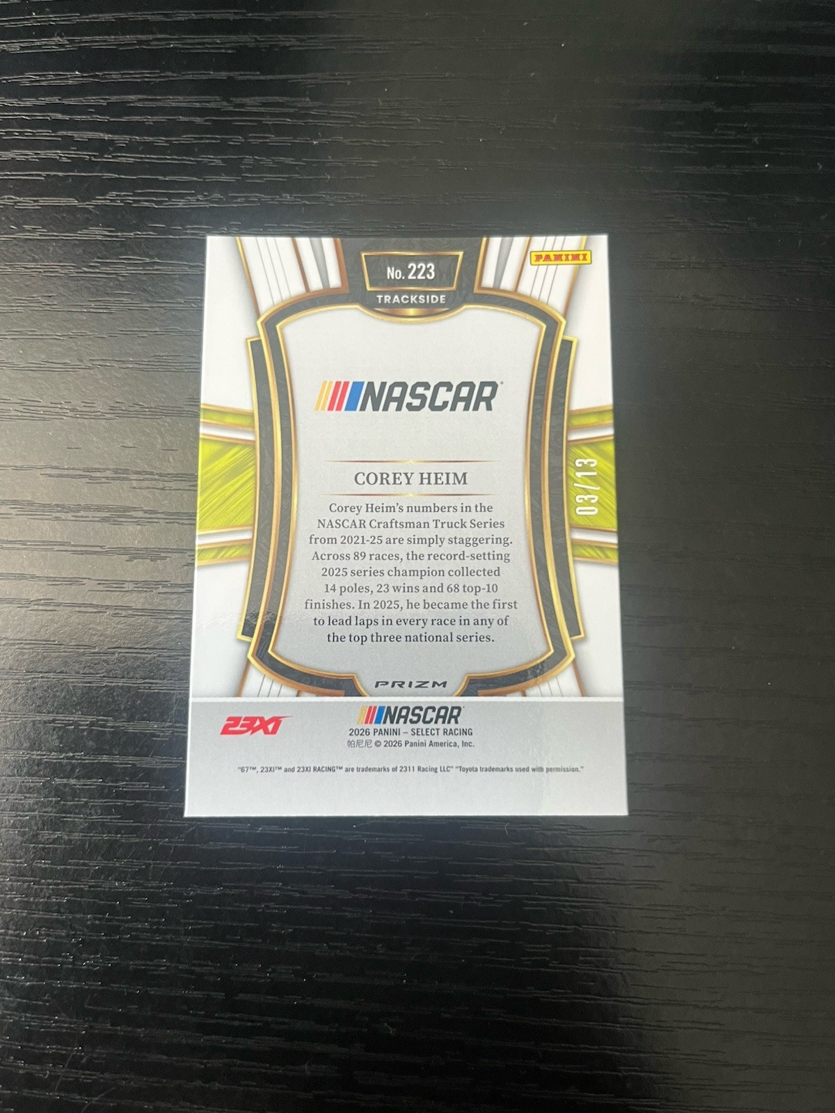Corey Heim 2026 Panini Select Trackside FOTL Gold Power Plaid 3/13 Robinhood