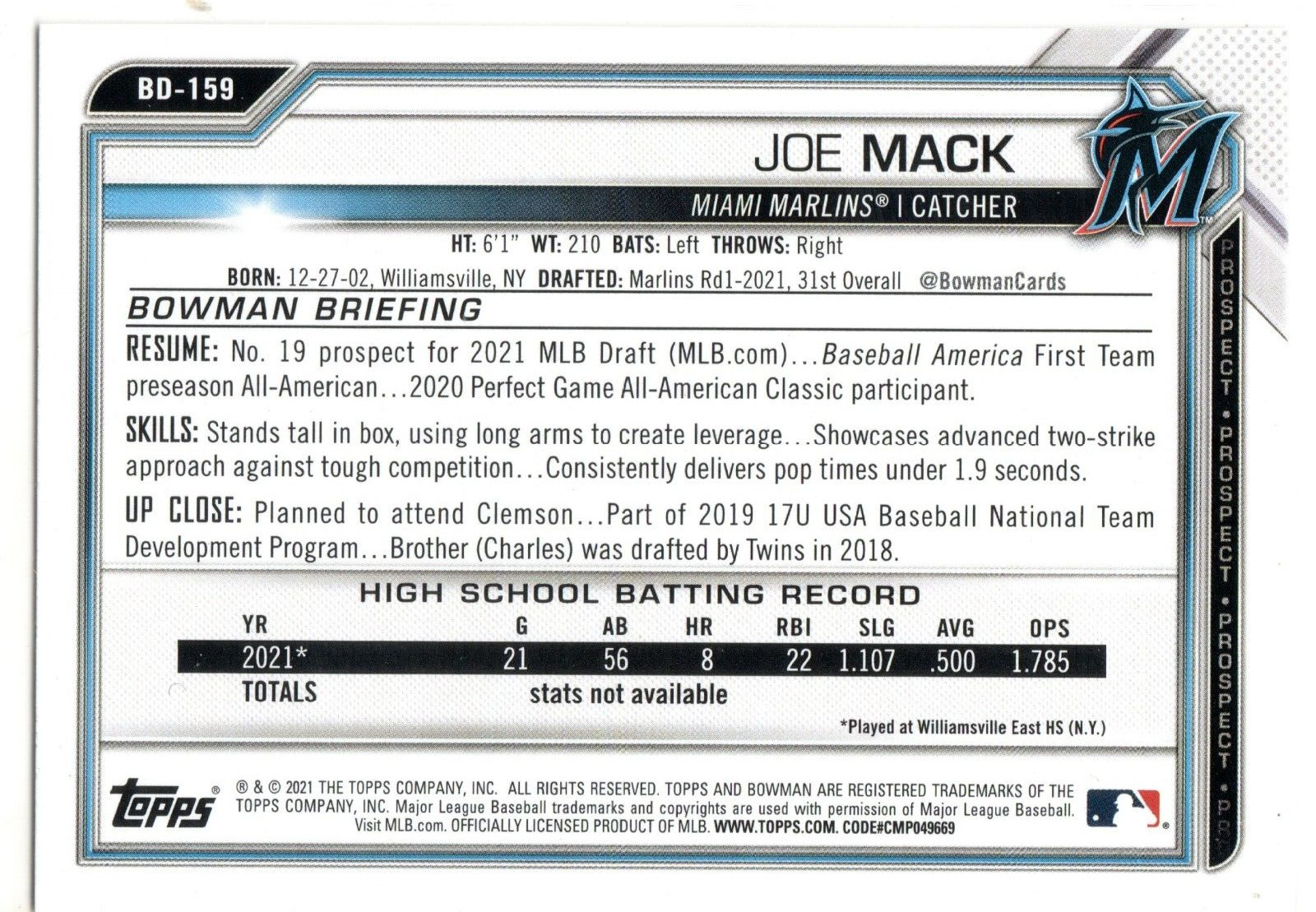 Joe Mack Miami Marlins 2021 Bowman Draft 1st Bowman