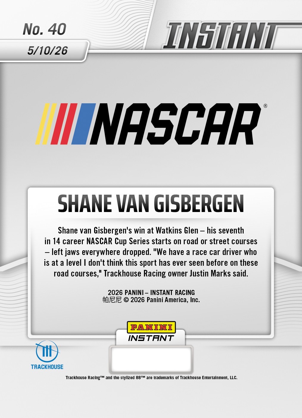 Shane van Gisbergen ANOTHER WIN – 2026 Panini Instant NASCAR #39 card 1 of 98