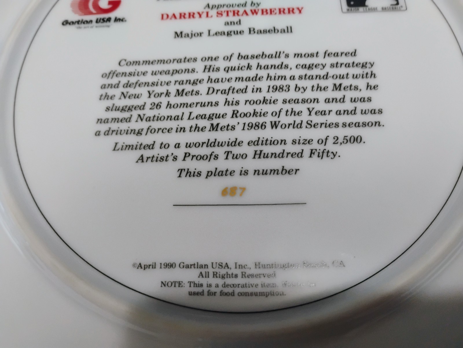 Darryl Strawberry signed Gartlan plate /2500 auto autograph New York Mets