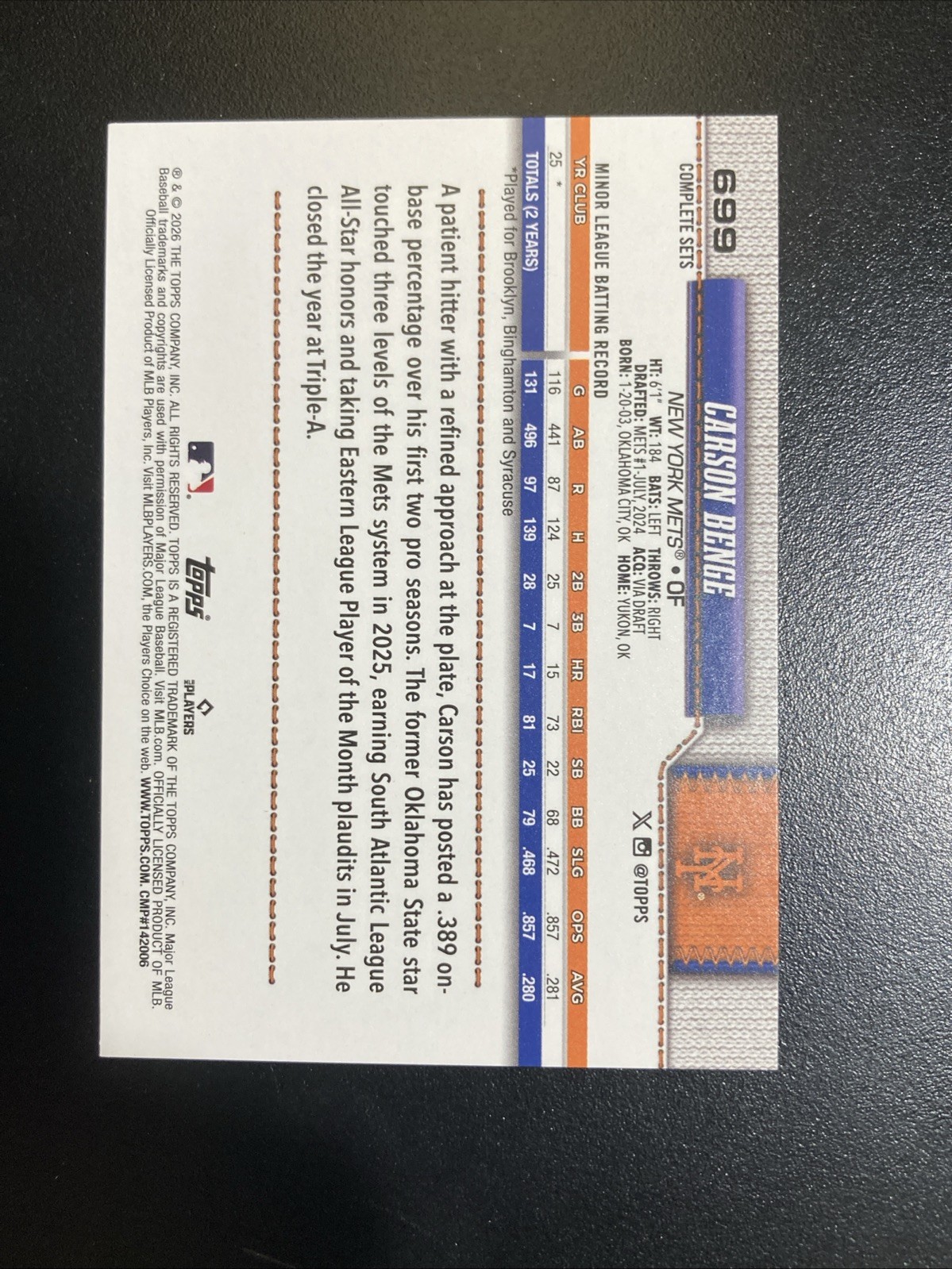 2026 Topps Baseball Complete Set Carson Benge Rookie RC Short Print #699 Mets