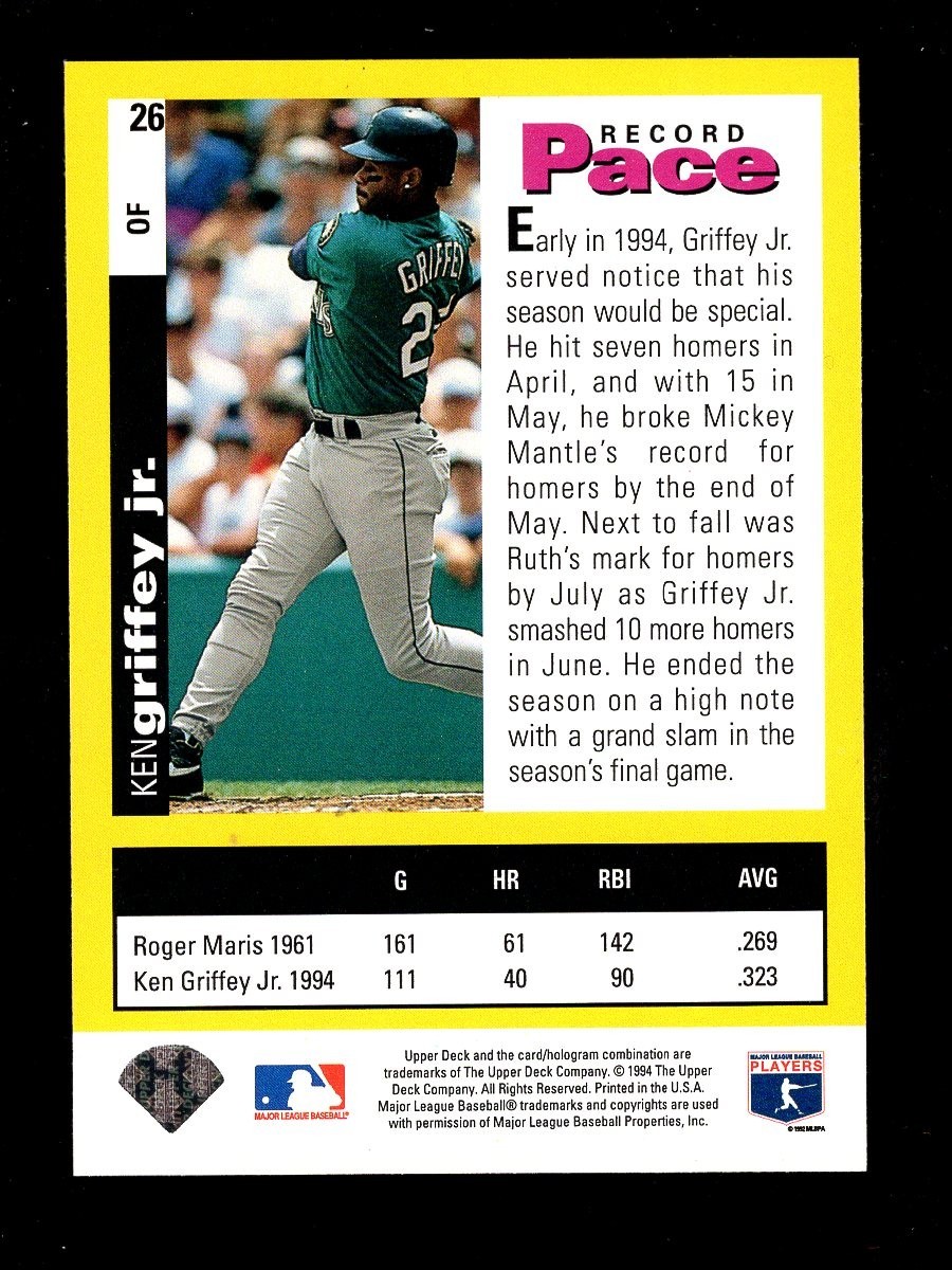 1994 COLLECTOR’S CHOICE RECORD PACE #26 KEN GRIFFEY JR. MARINERS