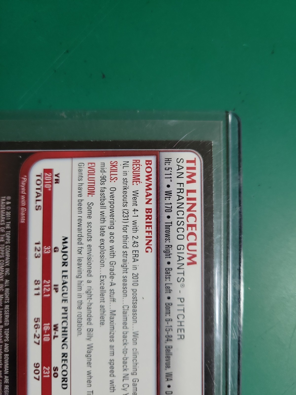 2011 Bowman Baseball Paper Orange Tim Lincecum 175/250
