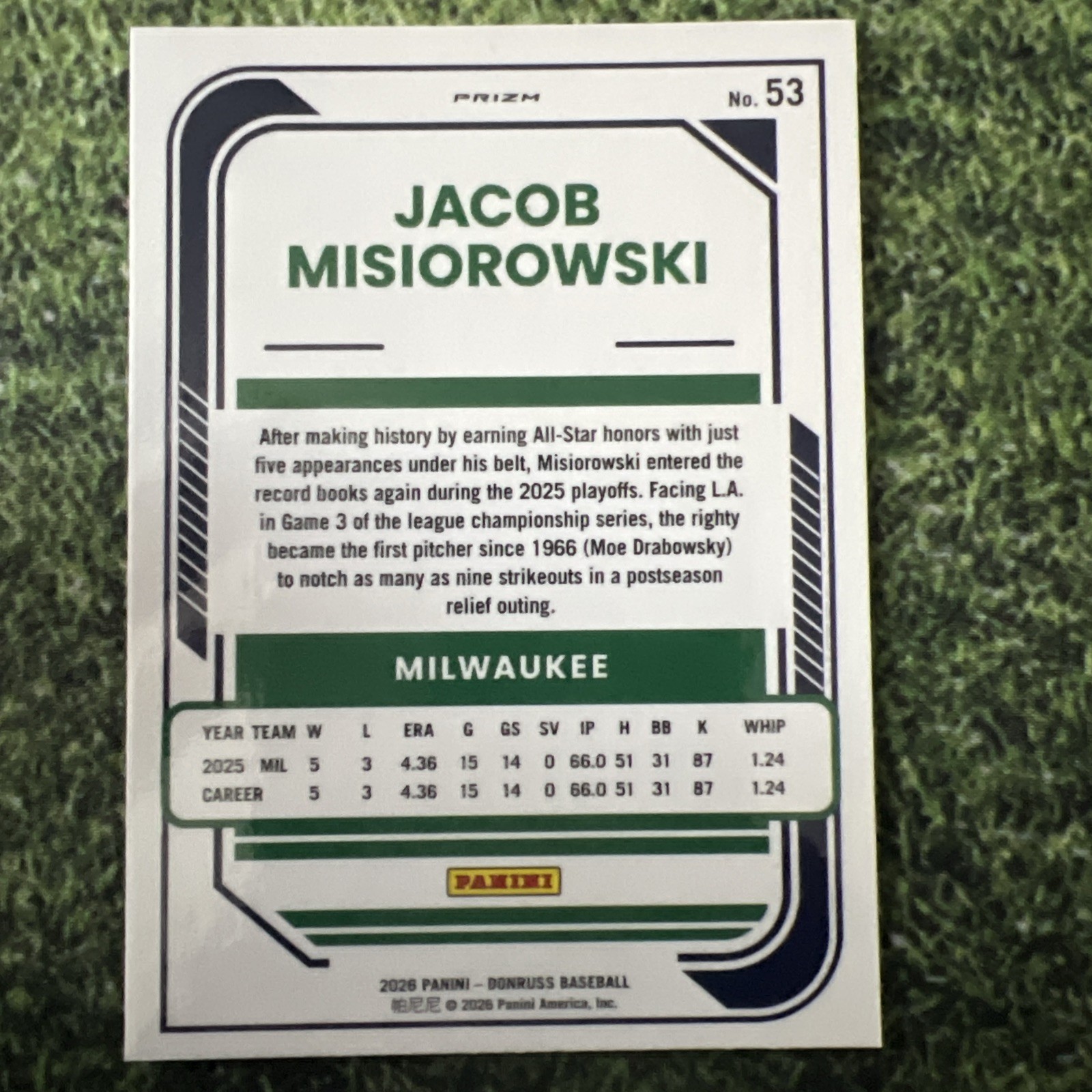 Jacob Misiorowski Black Disco Optic Prizm Rookie 2026 Donruss Card #53 Brewers