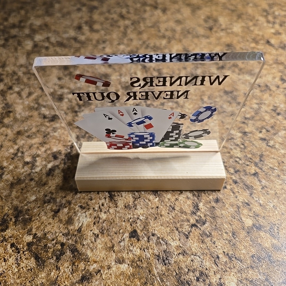 Winners Never Quit Poker Trophy With wooden Stand Winner Acrylic Clear Minicards