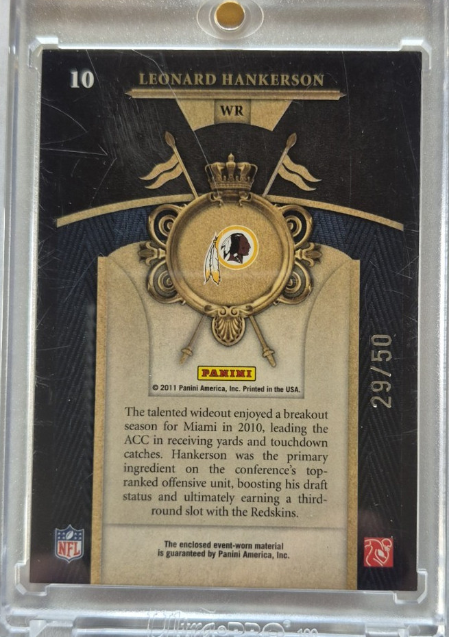 Leonard Hankerson Washington Patch (NFL Shield) Rookie Card 10 2011 Panini 29/50