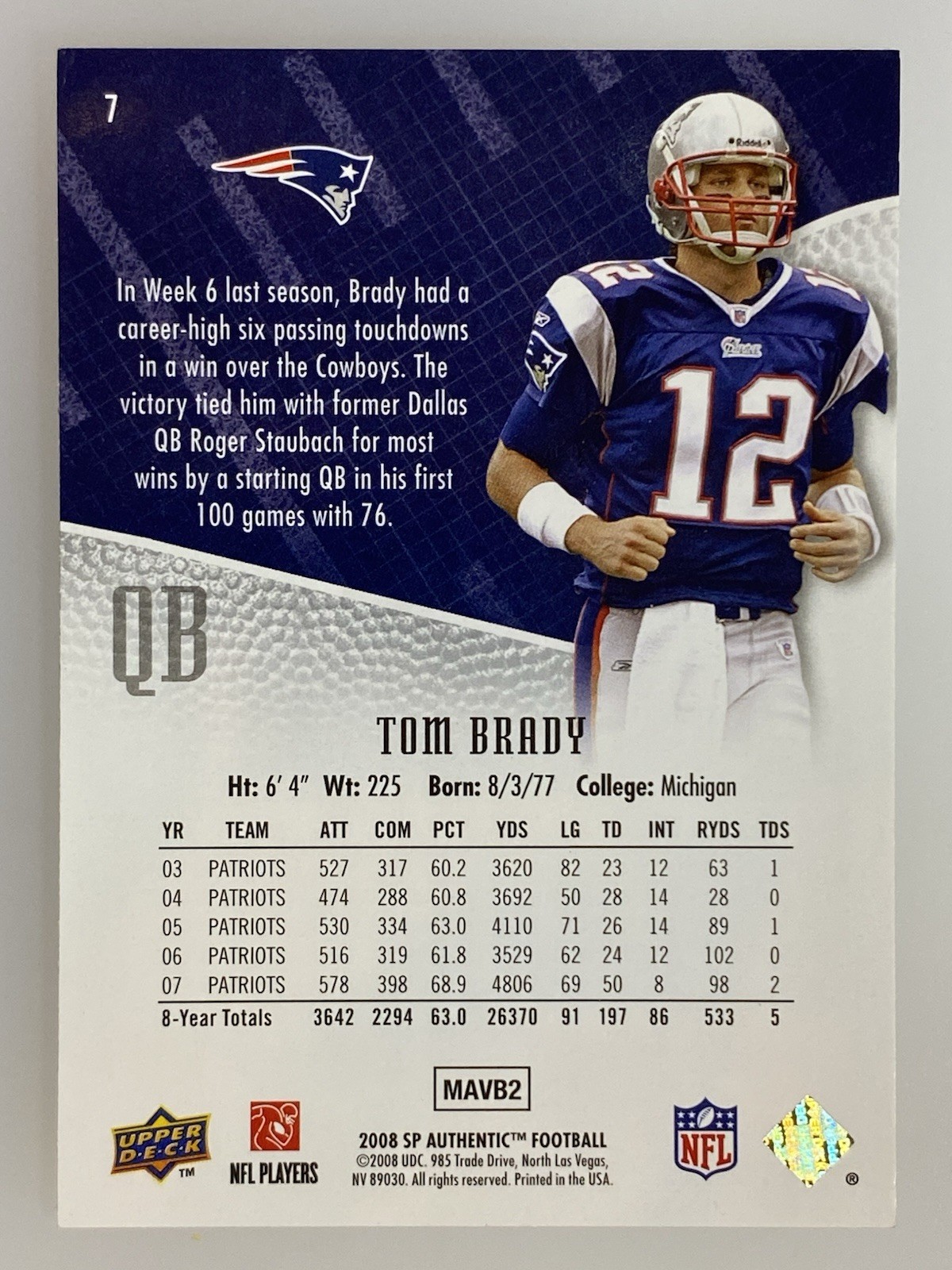 2008 SP Authentic – Tom Brady #7 New England Patriots