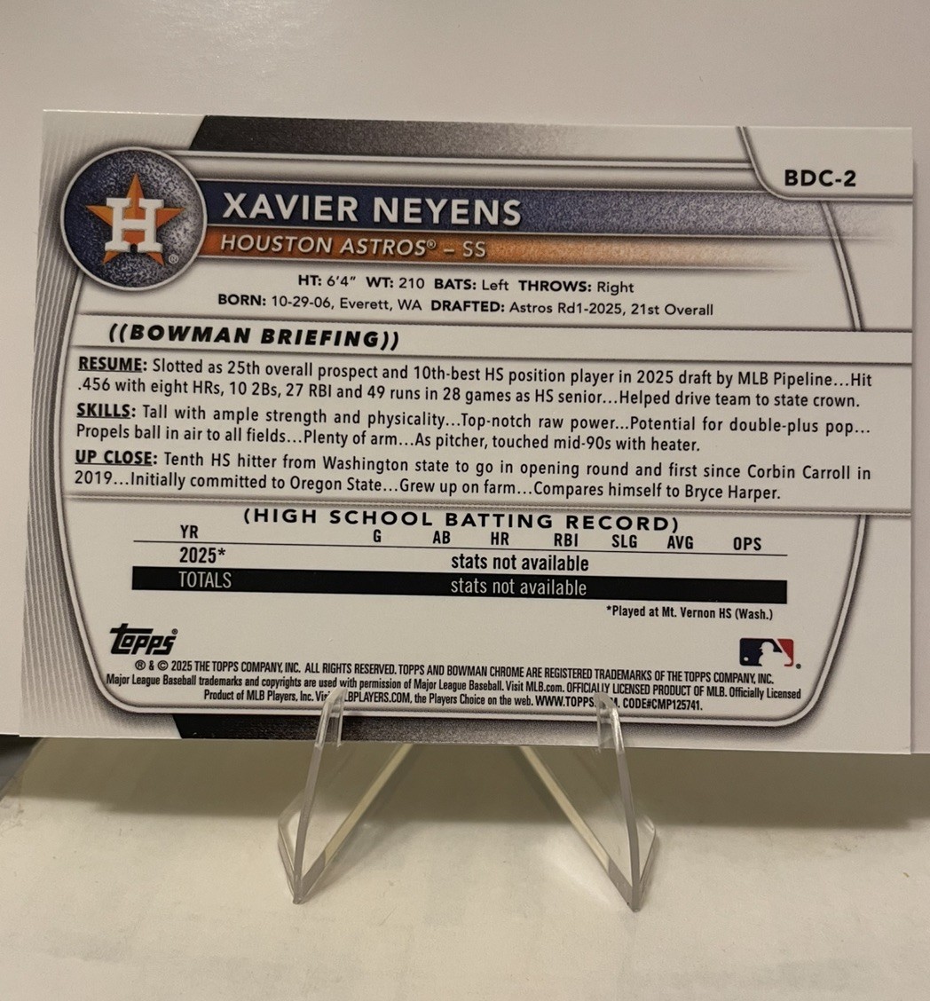 2025 Bowman Chrome Xavier Neyens Etched In Glass SSP 1st Bowman Astros BDC-2