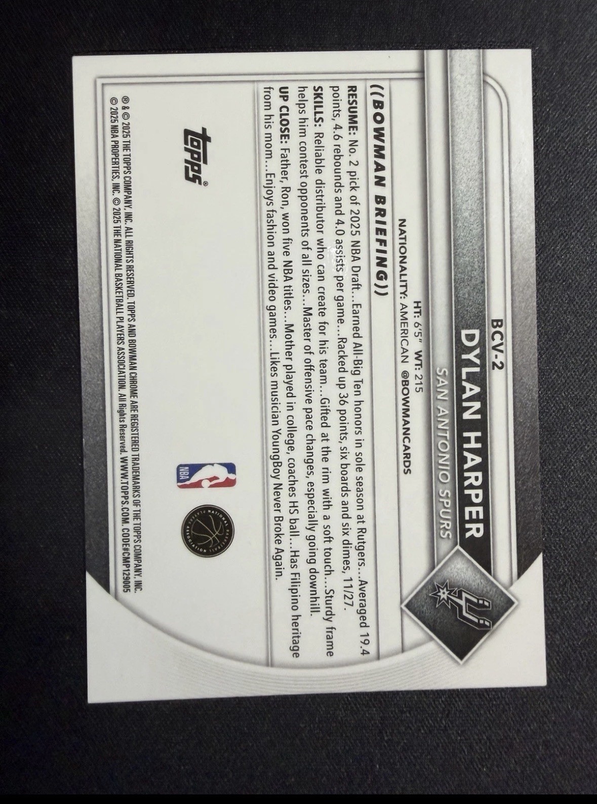 Topps 2025-26 Bowman Chrome Dylan Harper RC BCV-2 Black X-Fractor /10