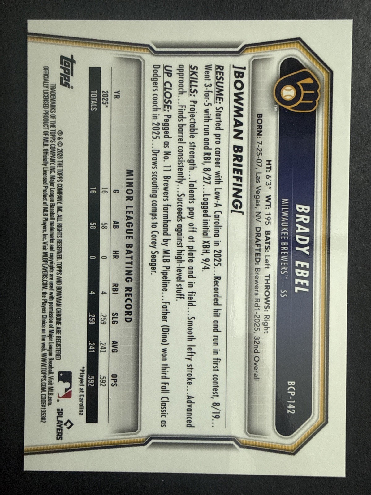 2026 Bowman Brady Ebel Yellow Wave Refractor/75 Brewers BCP-142