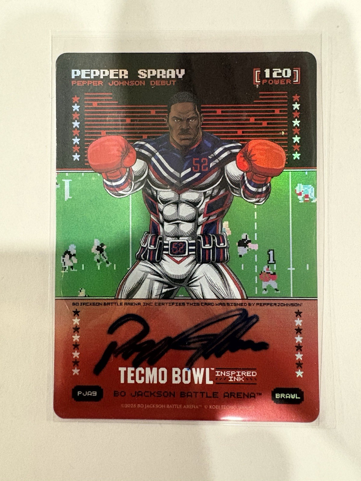 2026 Tecmo Bowl “Pepper Spray”, Pepper Johnson AUTO #PJA9 Battlefoil