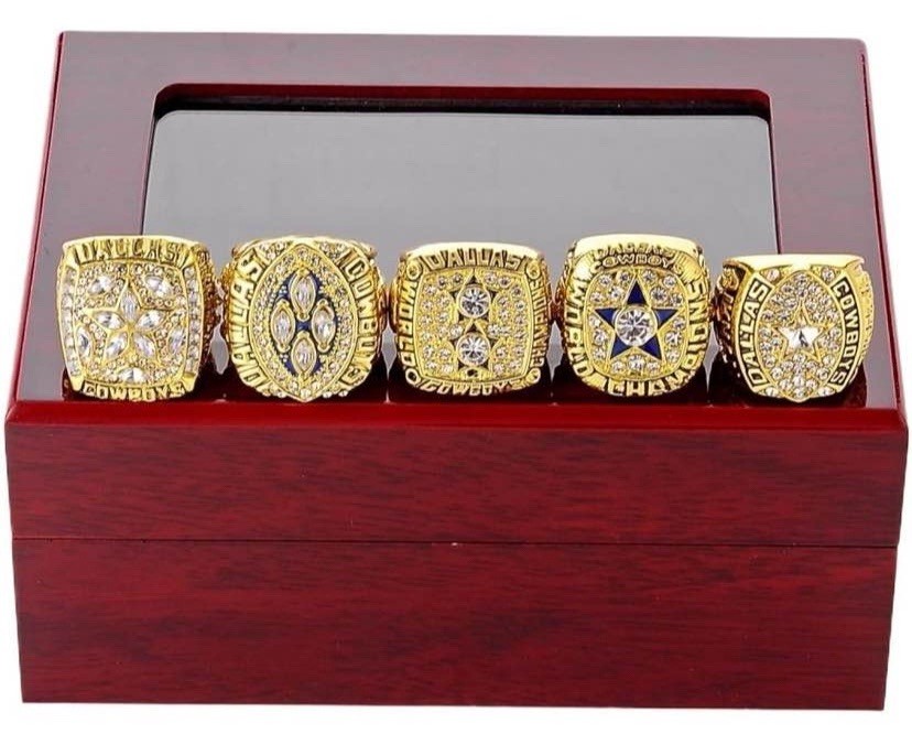 Dallas Cowboys Set of 5 Gold Color Super Bowl Rings With Wooden Display Box