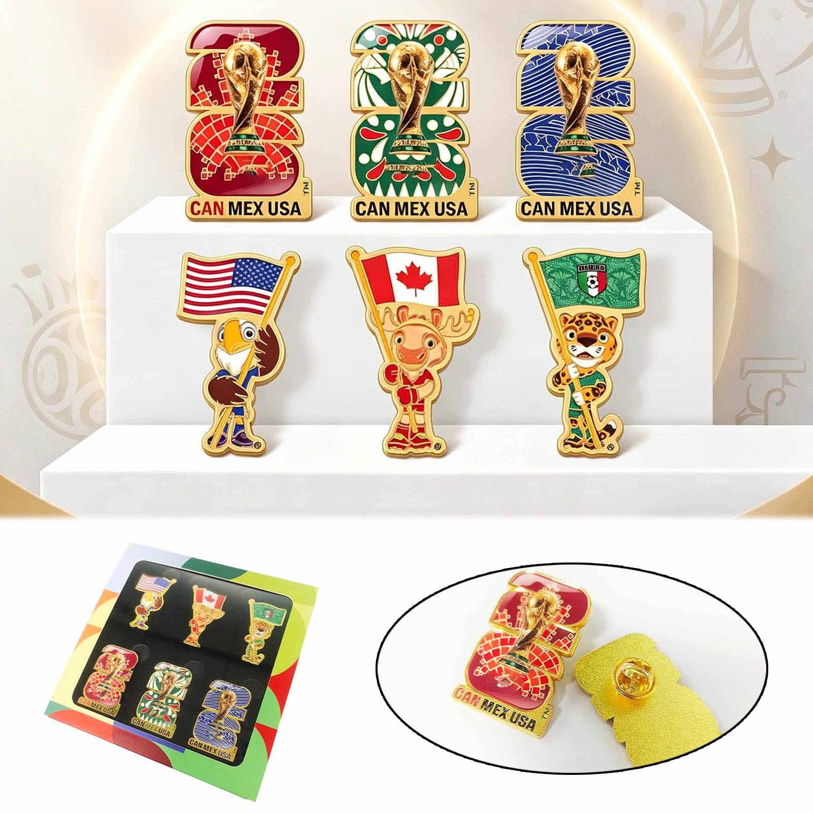 FIFA World Cup CAN MEX USA 6-Piece Enamel Pin Set 2026 Mascot & Logo Badges Gift