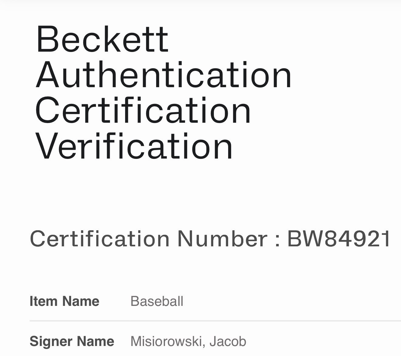 SPECTACULAR JACOB MISIOROWSKI LICENSED BECKETT AUTHENTICATED SIGNED MLB BASEBALL