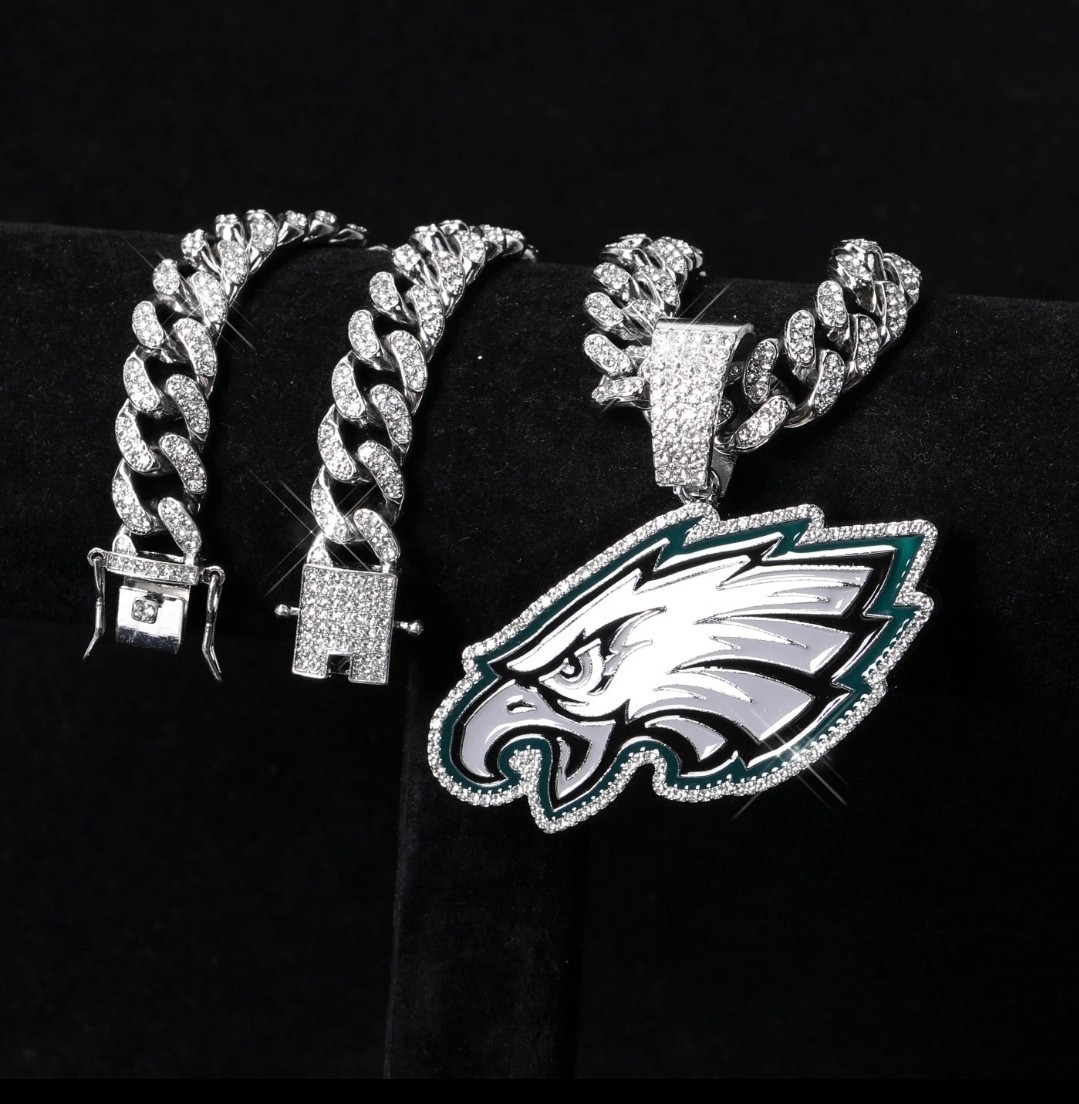 PHILADELPHIA EAGLES GEM NECKLACE Silver Bling Football Pendant / 24″ Cuban Chain