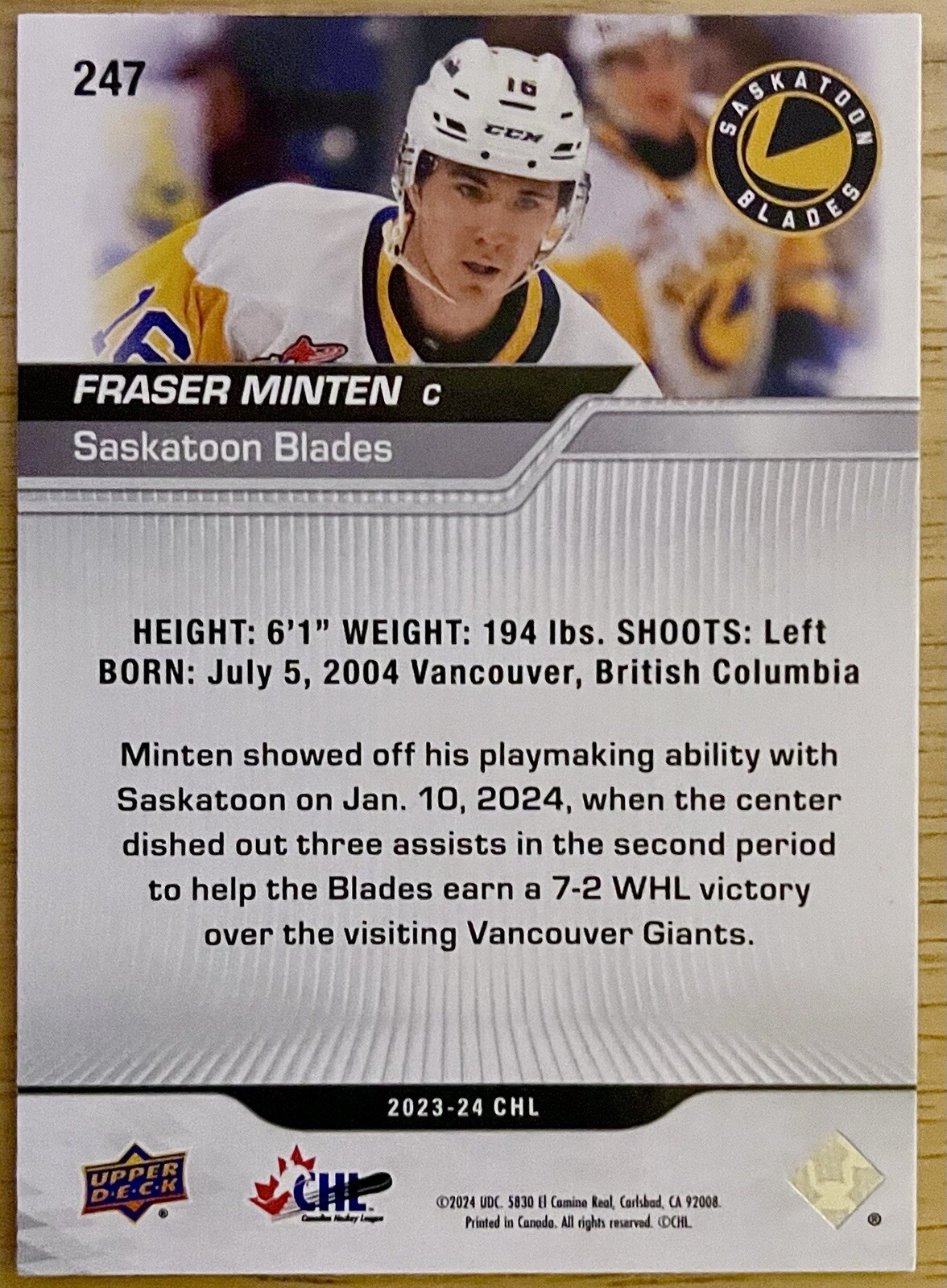 Fraser Minten Rookie – 2023-24 Upper Deck CHL#247 (RC) – Boston Bruins