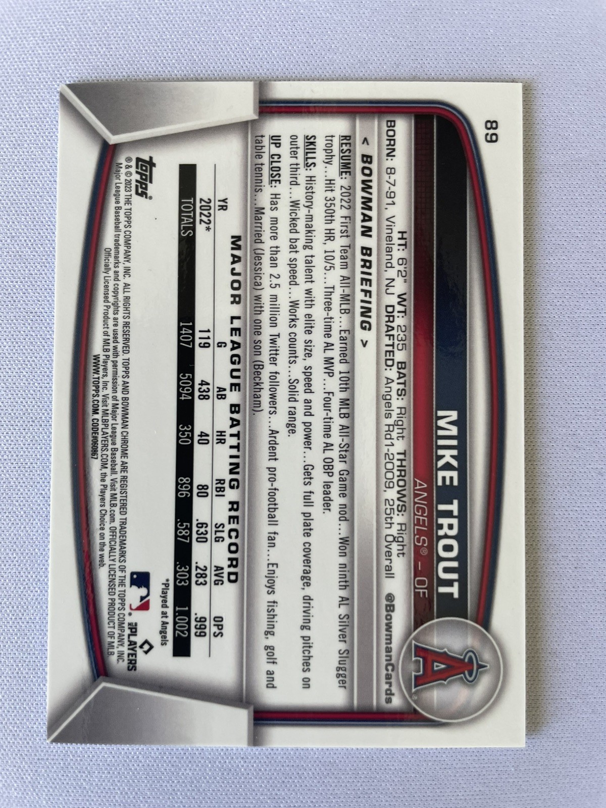 2023 Bowman – Mike Trout #89 Chrome Navy Mojo Refractor /175