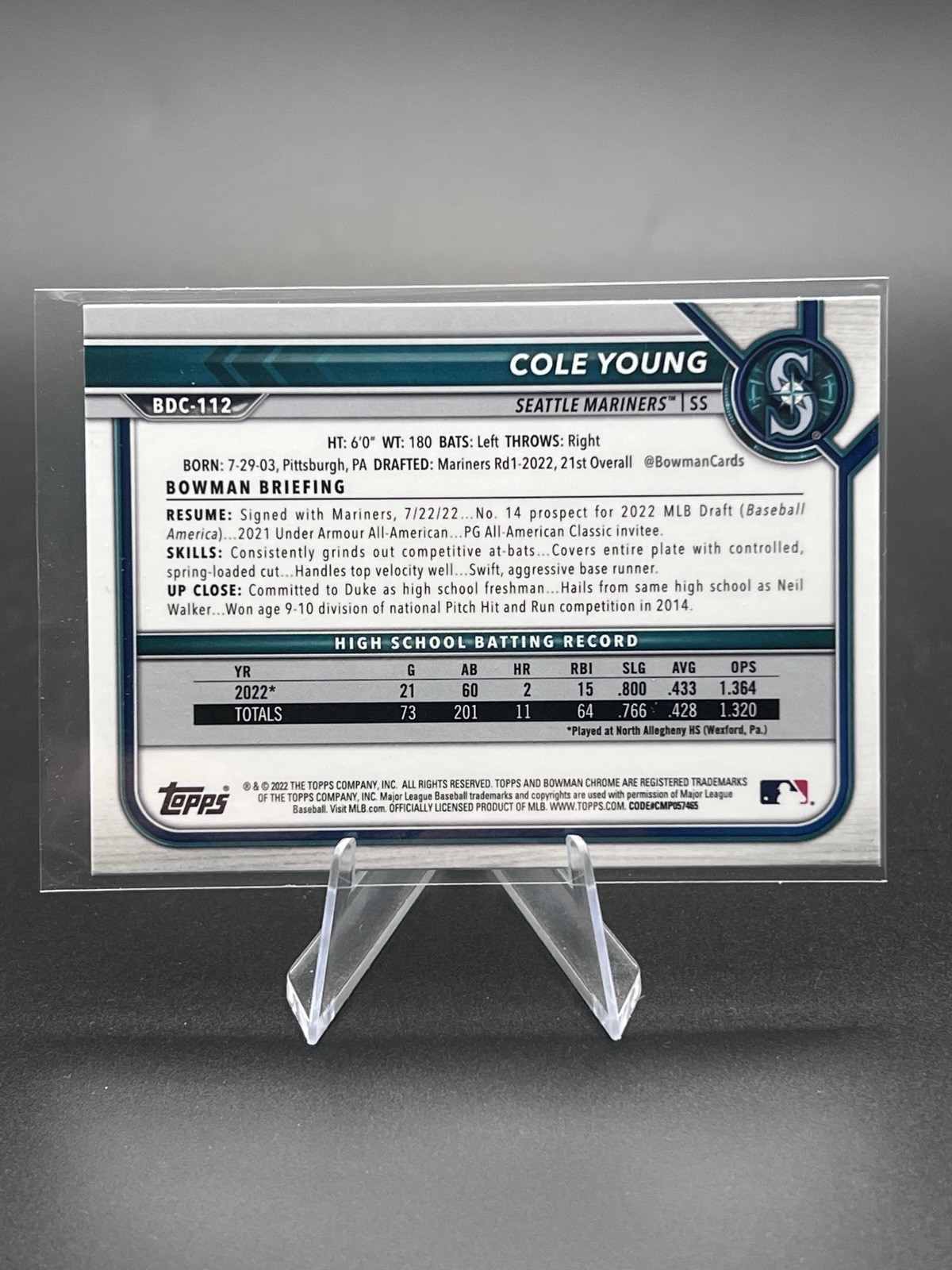2022 Bowman Chrome Draft Sapphire Edition – Cole Young #BDC-112 (RC)