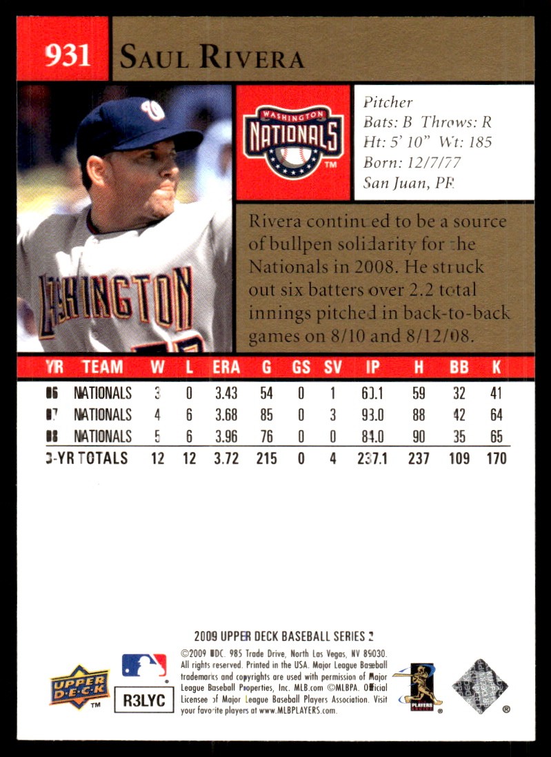 Saul Rivera 2009 Upper Deck #931 Nationals MLB READ FREE SHIPPING AutographDen