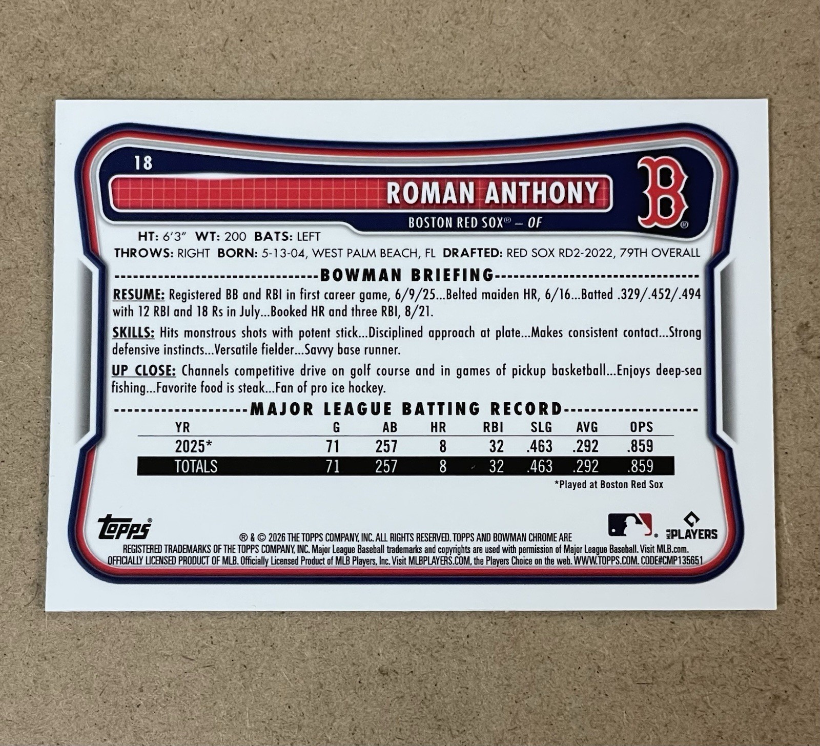 2026 BOWMAN CHROME – MEGA BOX NAVY MOJO REFRACTOR #18 ROMAN ANTHONY #D 110/175