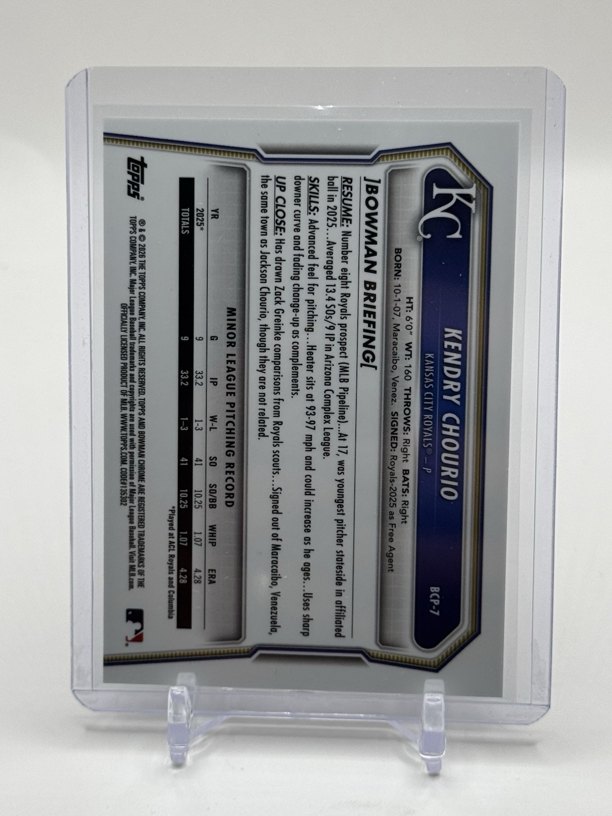 2026 Bowman Kendry Chourio Chrome Reptilian Refractor 1st Prospect #BCP-7 Royals