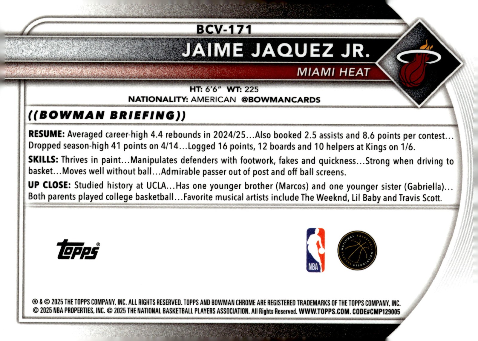 2025 Bowman Chrome Jaime Jaquez Jr. #BCV-171 Mojo Refractor Heat