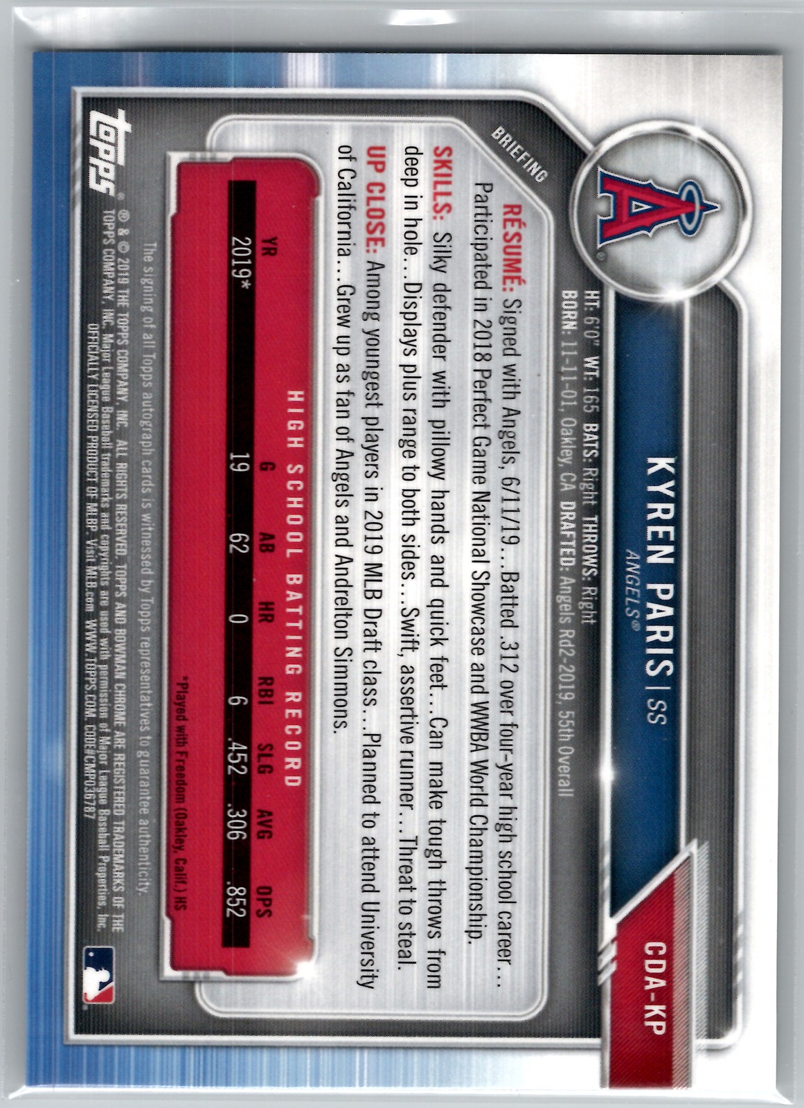 2019 Topps Bowman Chrome Prospects Autographs Kyren Paris First Bowman #CDA-KP