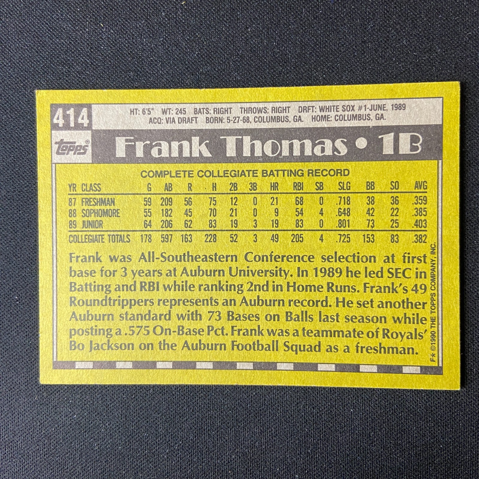 1990 Topps – Frank Thomas #414 #1 Draft Pick White Sox