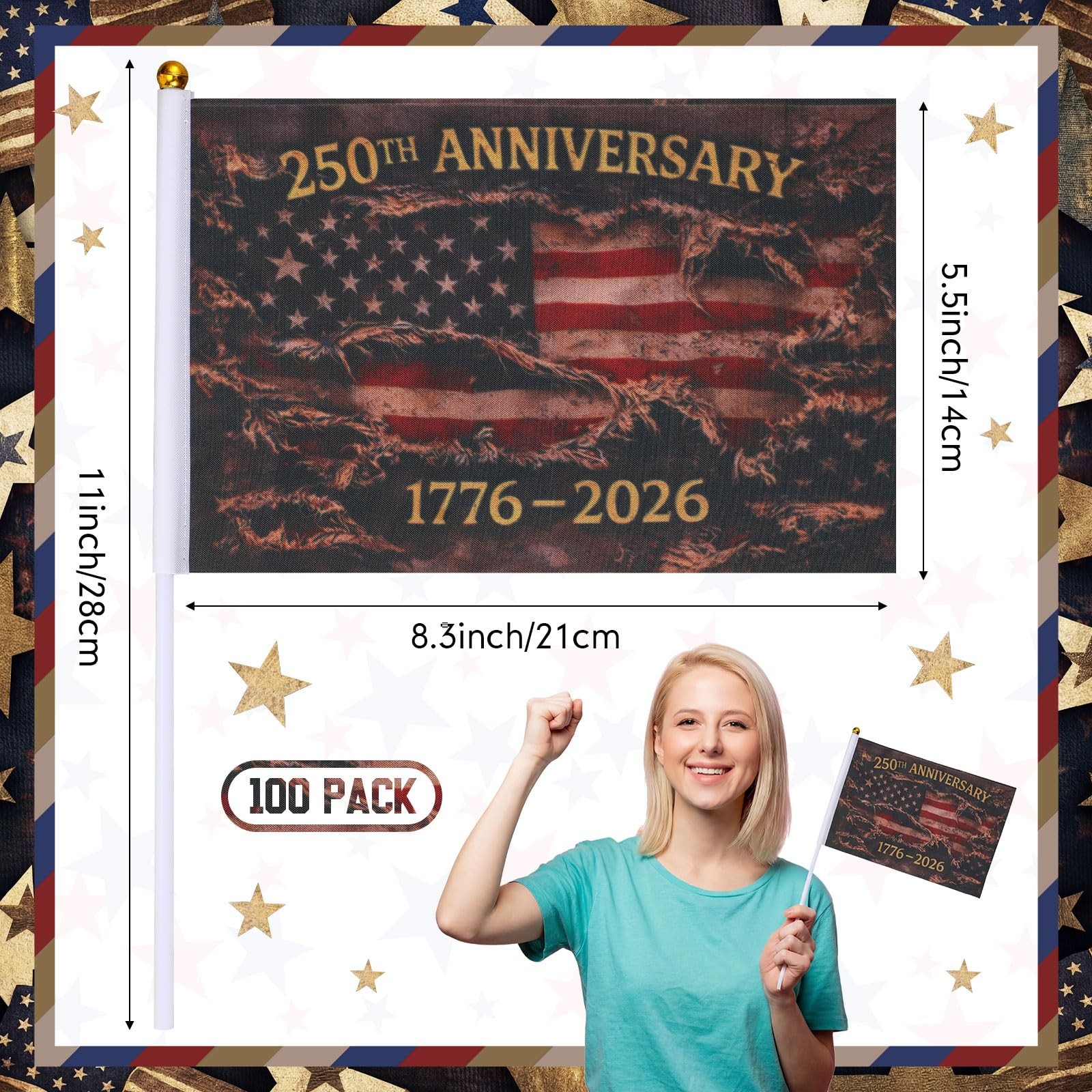 100 Pcs 250th Anniversary Flag on Stick America Hand Held Flag 1776-2026 America