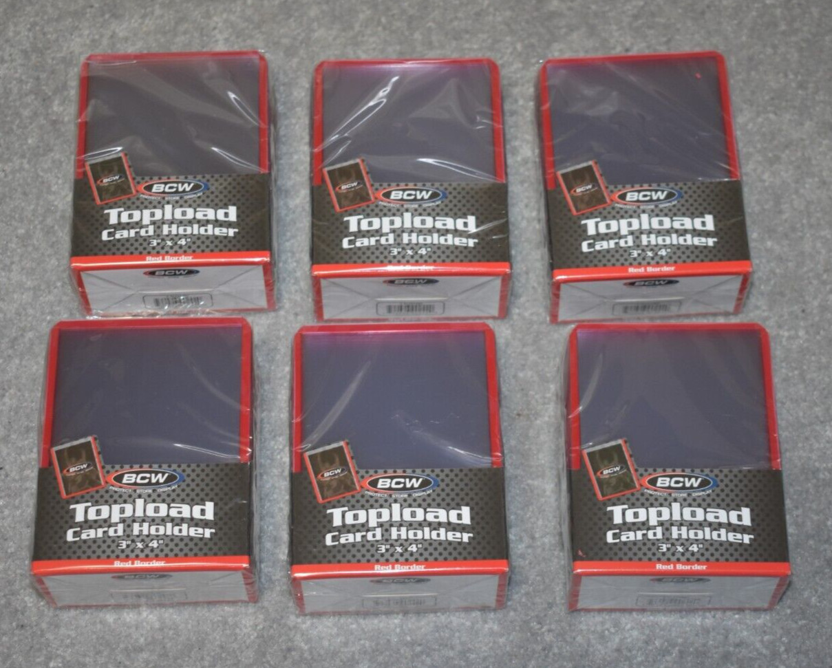 SIX 25 COUNT 3X4 TOPLOAD CARD HOLDERS WITH RED BORDER FOR STANDARD 20 PT. CARDS