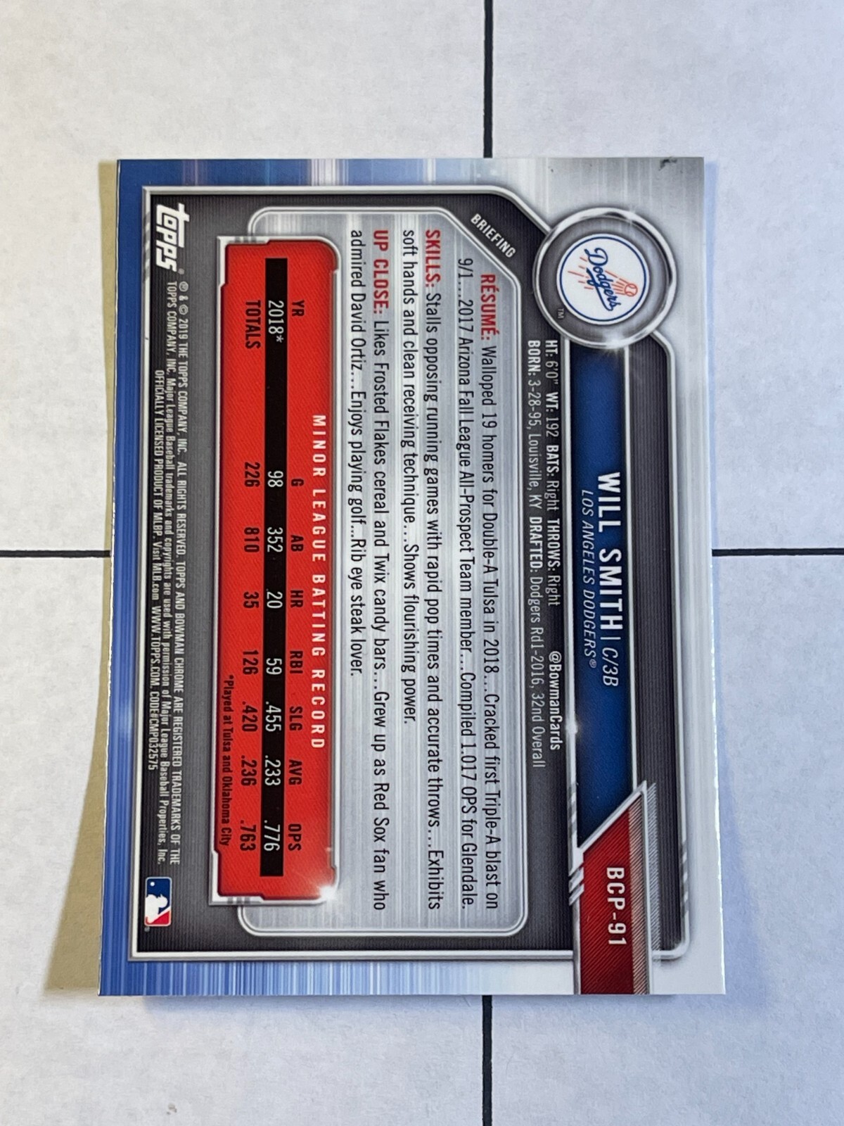 Will Smith 2019 Bowman Chrome Prospect #BCP-91 Dodgers Rookie
