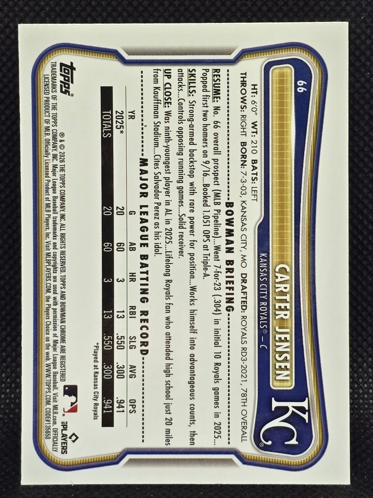 2026 Bowman Chrome Carter Jensen Red Rookie Redemption – SP Kansas City Royals